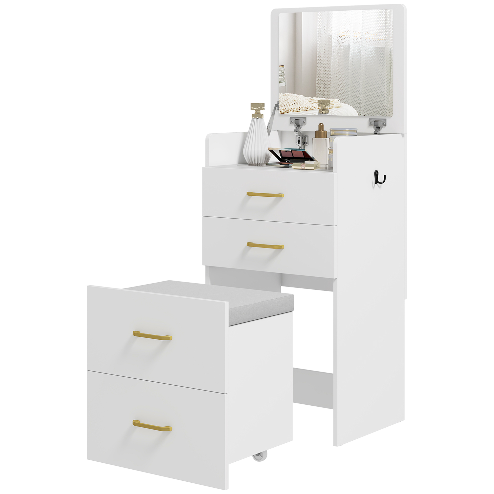 3-in-1 Make-uptafel met Spiegel, Nachtkastje, Rollende Kruk, Lades, Wit