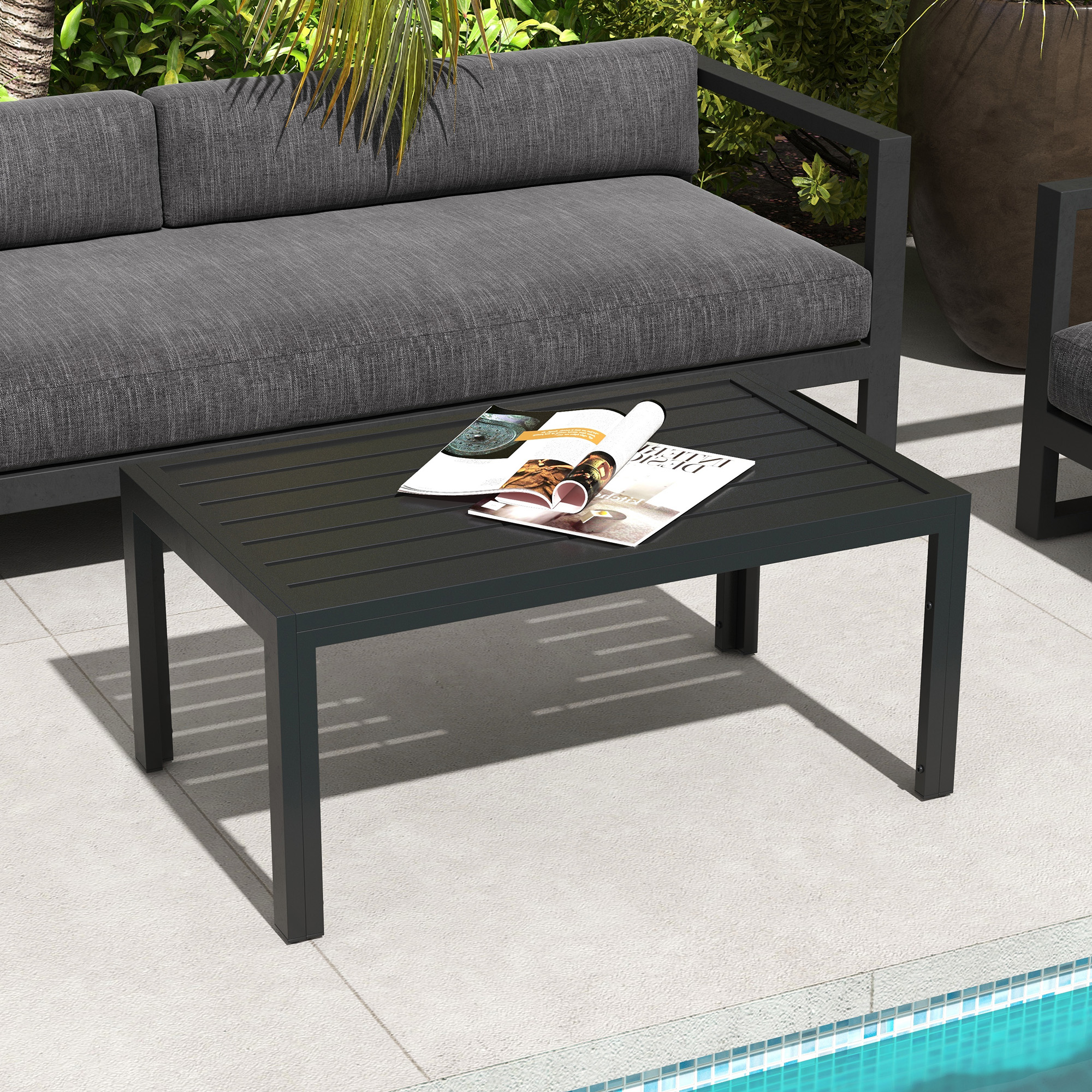 Outsunny Bijzettafel Balkontafel van Staal Rechthoekig Koffietafel Weerbestendig Tuin 101,5x61x46 cm Zwart