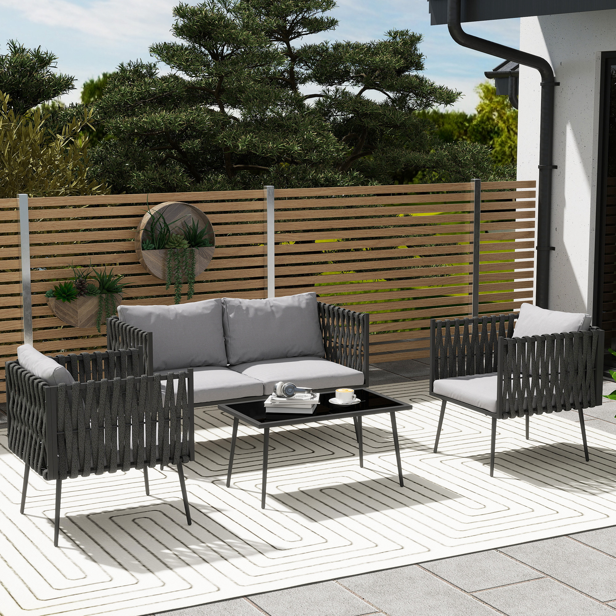 Outsunny Weerbestendige Tuinset voor 4 Personen met Dubbele Sofa, Fauteuils en Glazen Tafel Inclusief Kussens Lichtgrijs