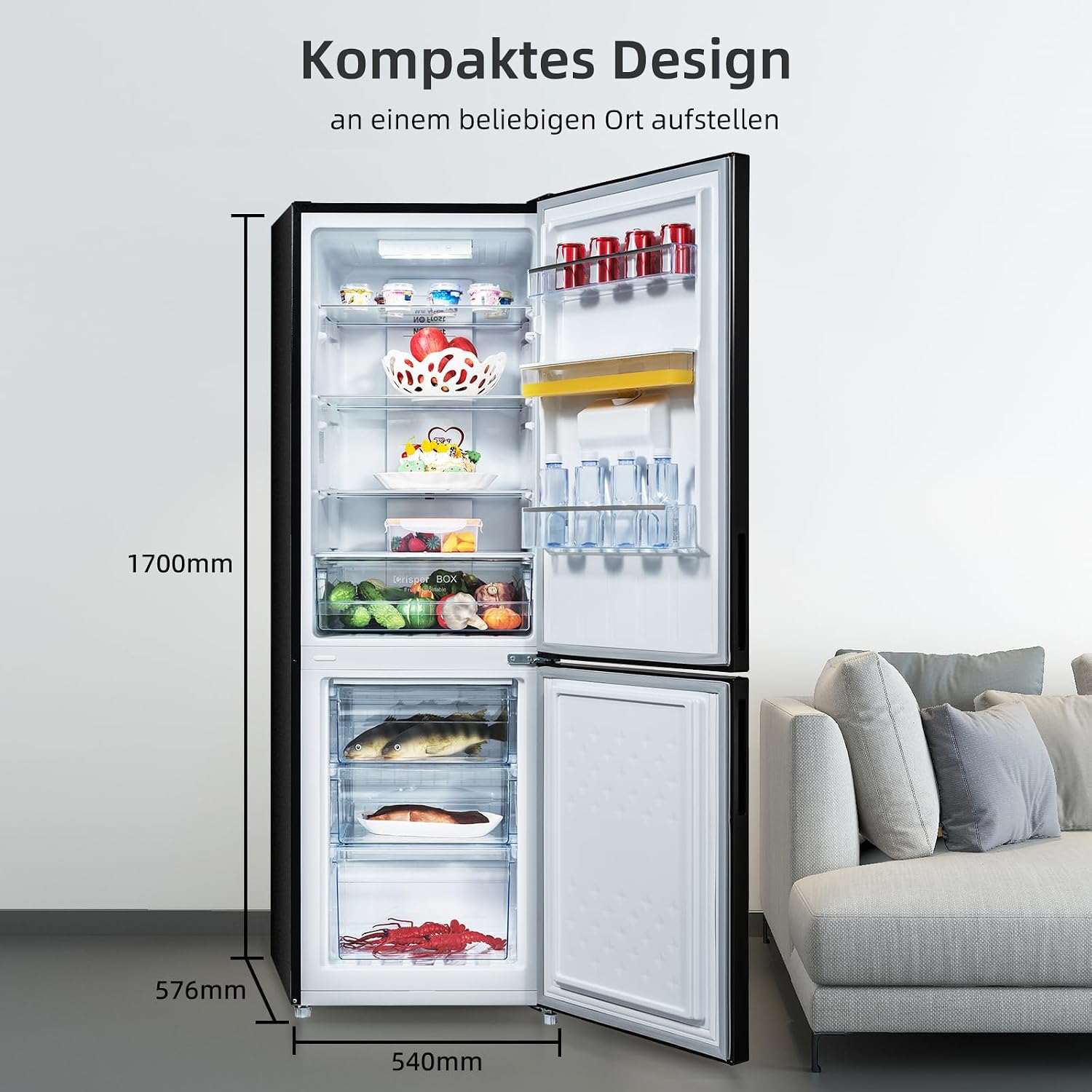 CHIQ Kühlschrank mit Wasserspender 2XL | No Frost | 231L, 54cm B, 57,6cm T | 4-Sterne-Gefrierfach, Schnellkühlung| Umkehrbare Tür, Obstschubladen, LED-Licht | Kühl-Gefrierkombination Freistehend
