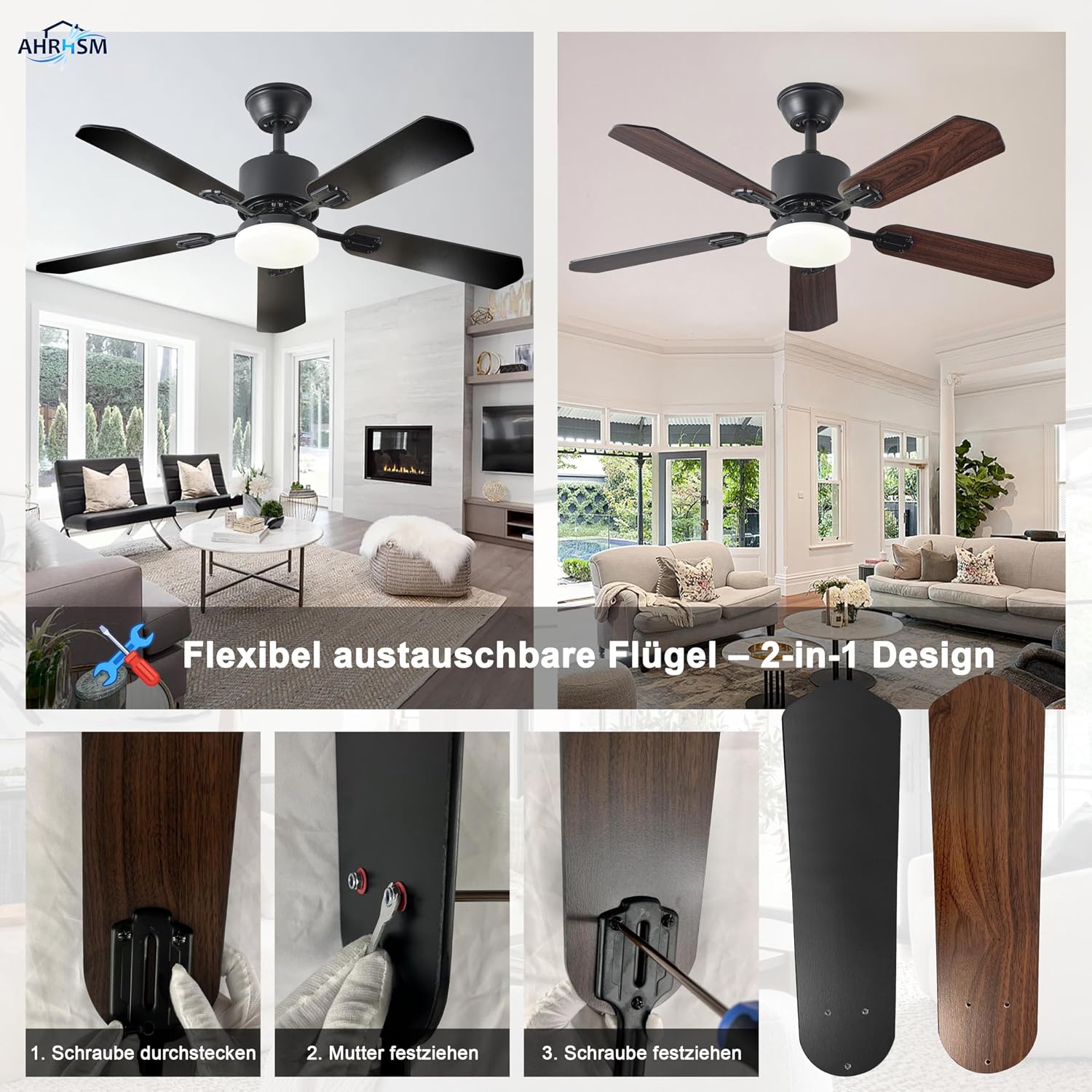 Deckenventilator mit Beleuchtung 132 cm, Leise DC-Motor, 5 Holzflügel, LED Lampe mit Ventilator und Fernbedienung, 3 Farbtemperaturen, 6 Stufen, Sommer/Winterbetrieb für Wohnzimmer, Schwarz