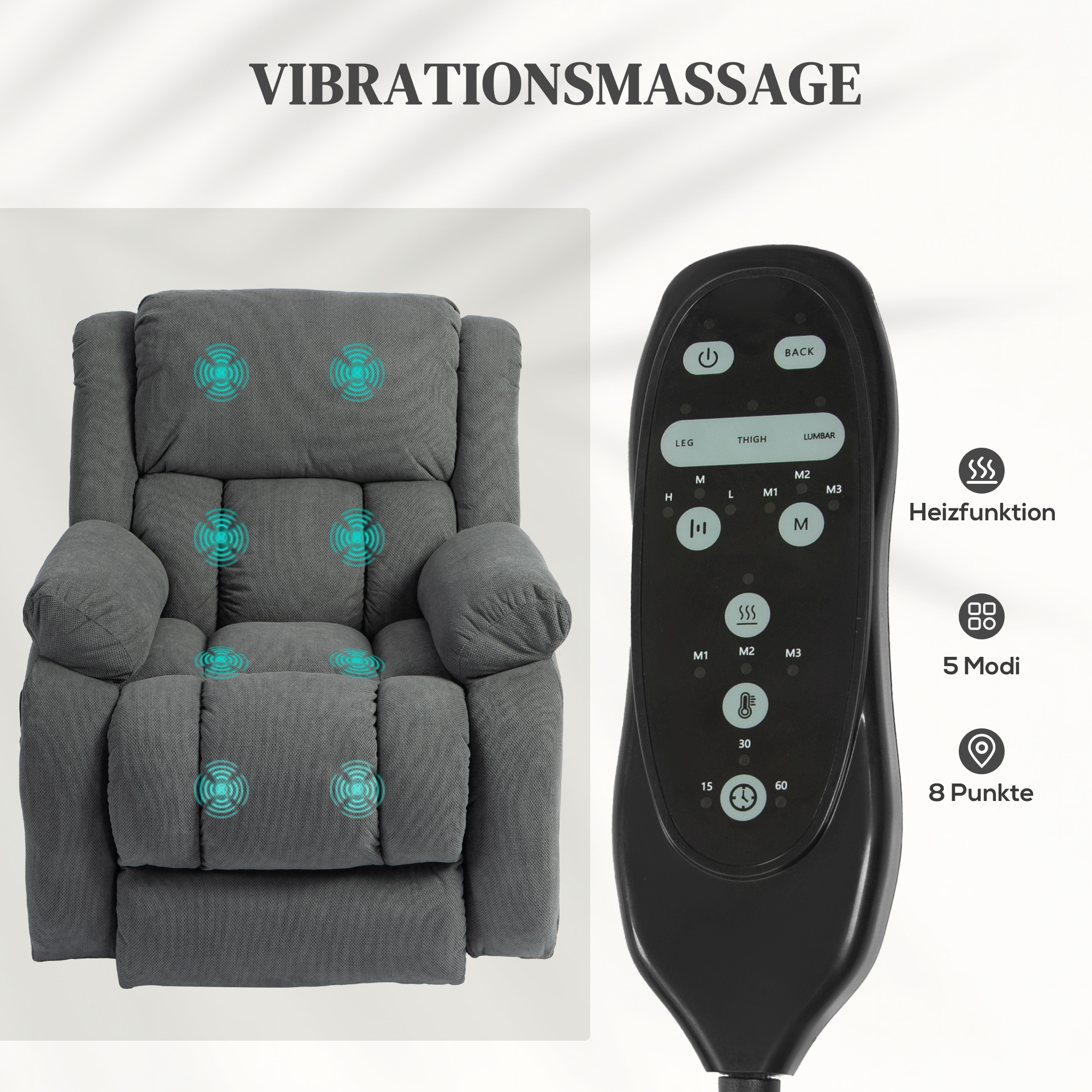 Relaxstoel met Massage- en Warmtefunctie, Elektrische Opsta-Stoel, Afstandsbediening, Zijvakken, Grijs