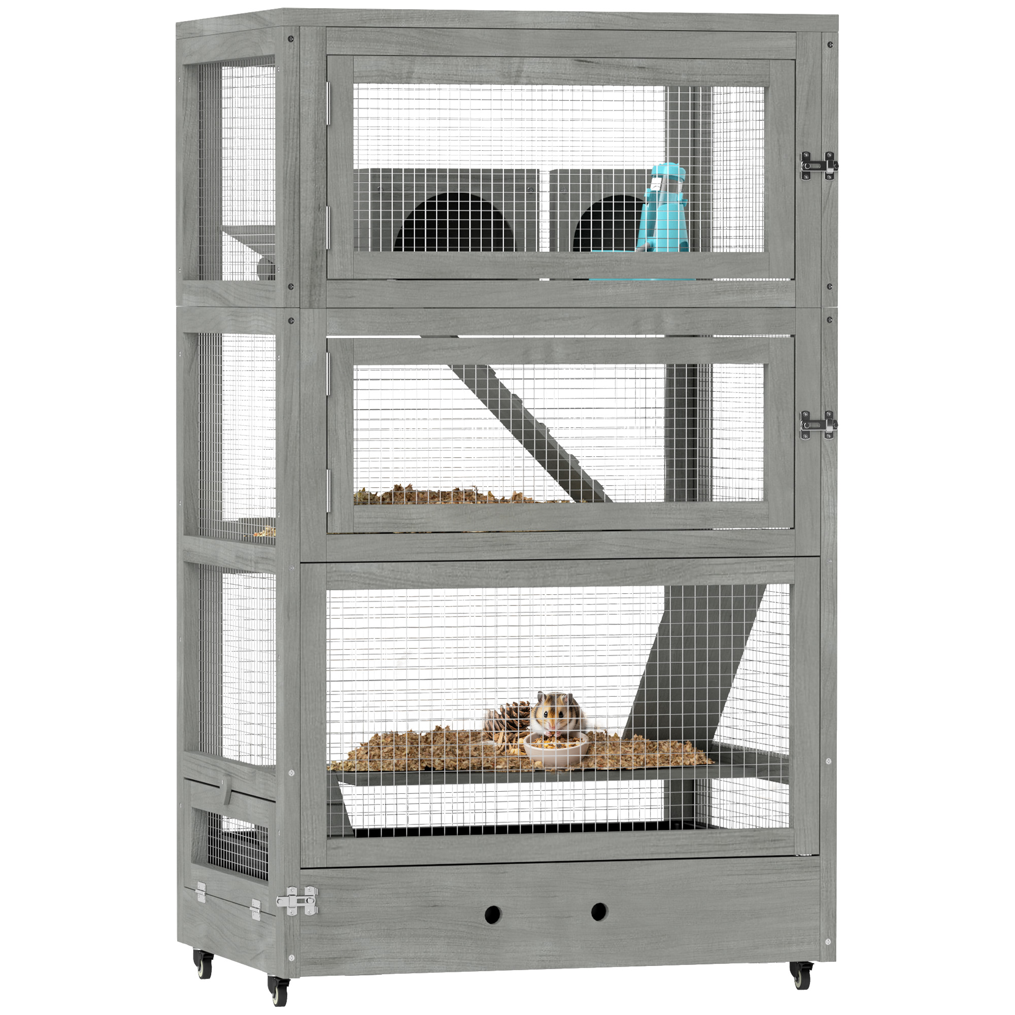 Vierlaagse Hamsterkooi van Hout, met Huisjes, Wip, Voederbakken, Hellingen, Wielen, 65 x 45 x 109 cm, Grijs