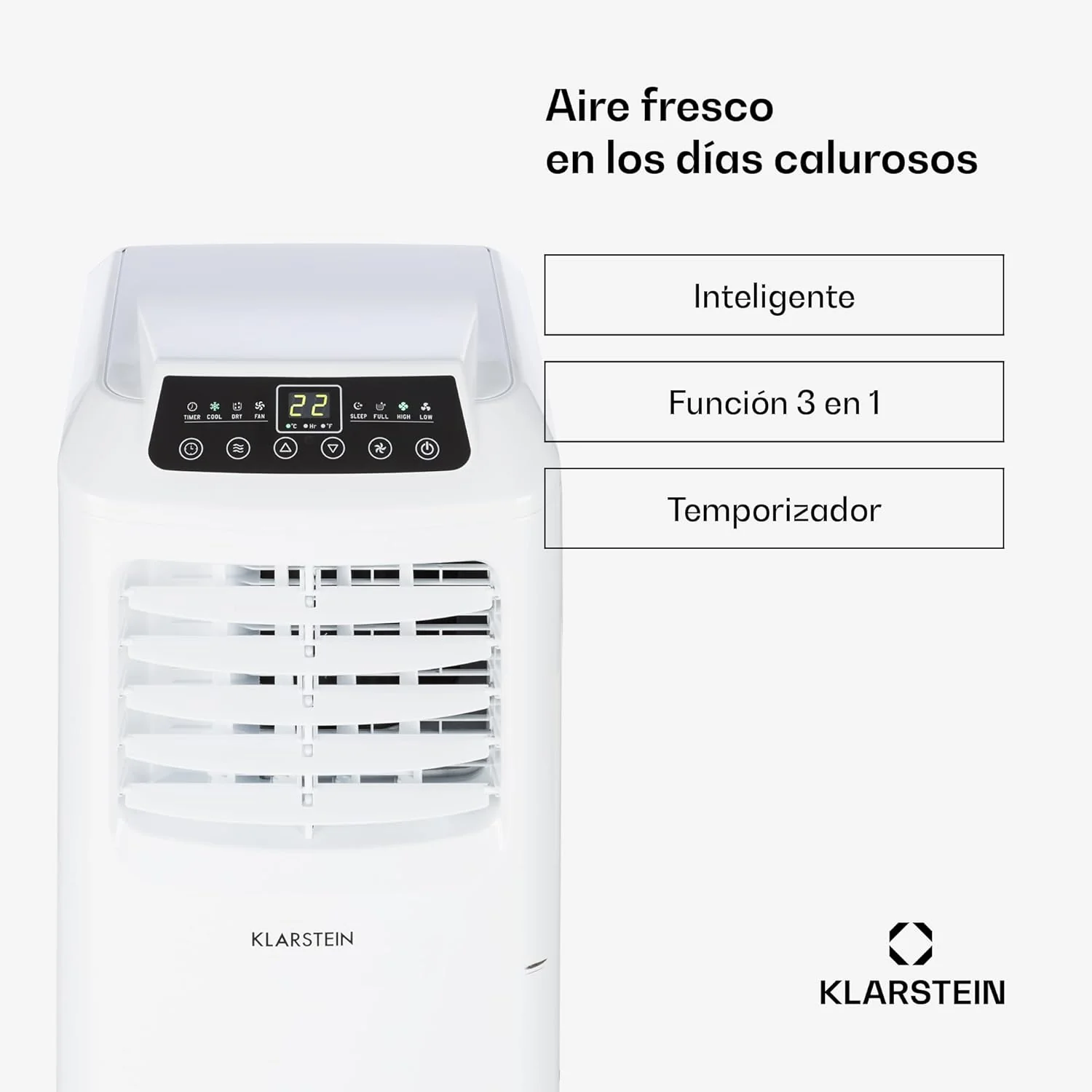 Klarstein Aire Acondicionado Portatil y Silencioso, 4 en 1 Enfriador de Aire para Casas y Oficinas con Modo Noche, Con Mando y Deshumidificador, Aires Acondicionados Bajo Consumo 7,000 BTU Blanco