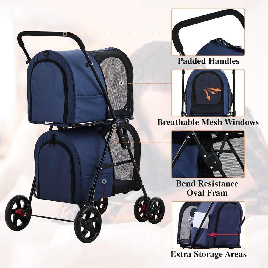 2025 Dubbele Huisdierwagen 42 voor 2 Honden en Katten �C Opvouwbare Wagen met 4 Wielen en Veringsysteem, Marineblauw