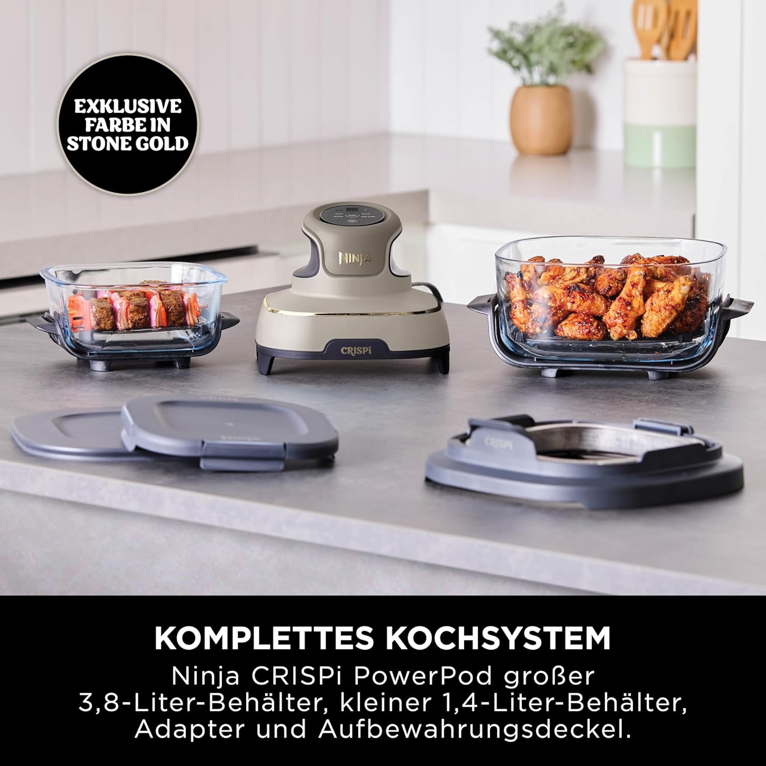 Ninja CRISPi tragbare Air fryer Heißluftfritteuse, 3,8 l, 4-in-1: Heißluftfrittieren, Braten, Warmhalten, Recrisp, 6 Portionen, 2x herausnehmbare Glasbehälter & Deckel, 1700 W, Stone Gold FN101EUSTGD