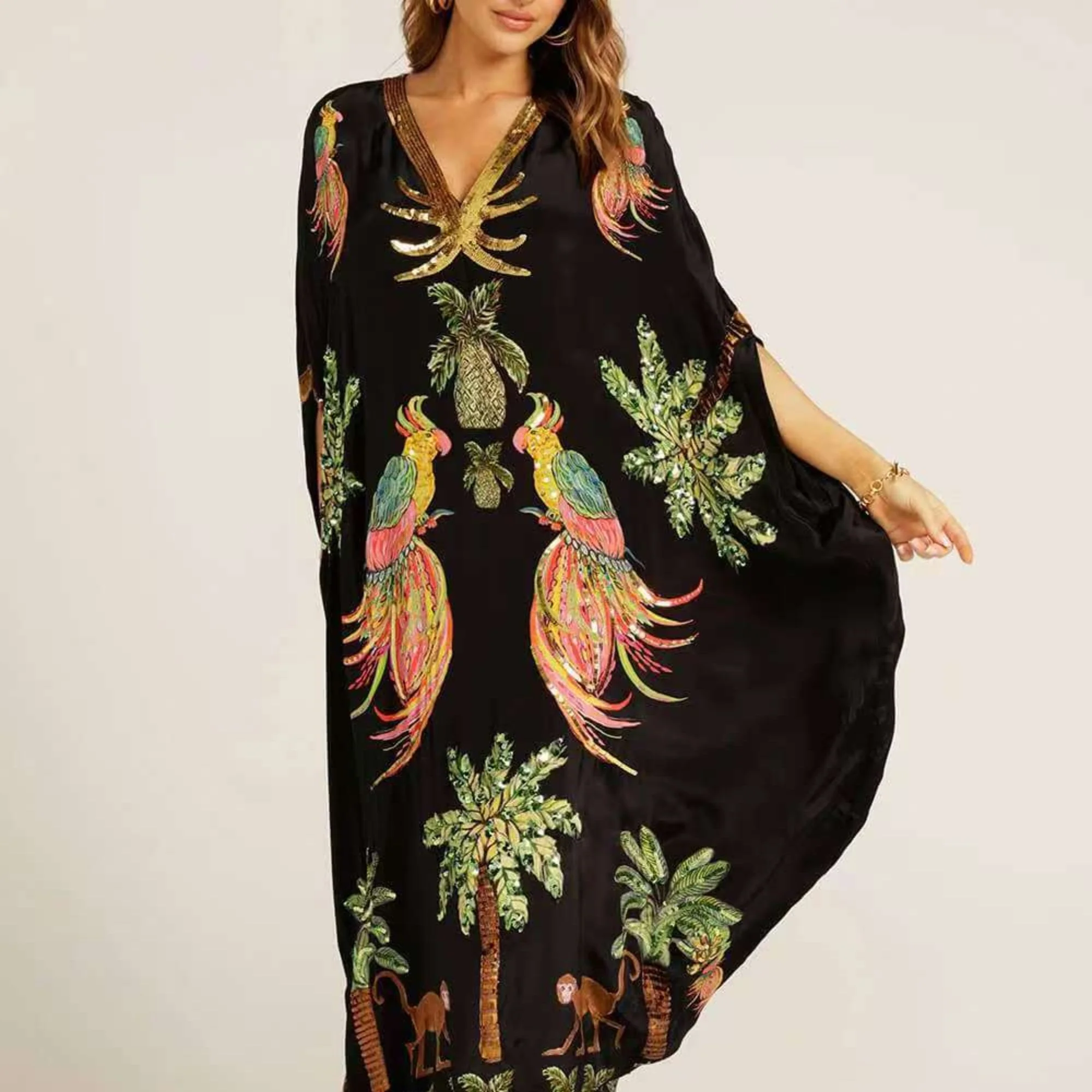 Damen Kaftan Kleid mit Tropen-Print | Luftiges Maxikleid mit V-Ausschnitt | Kn?chellanges Sommerkleid in lockerer Passform