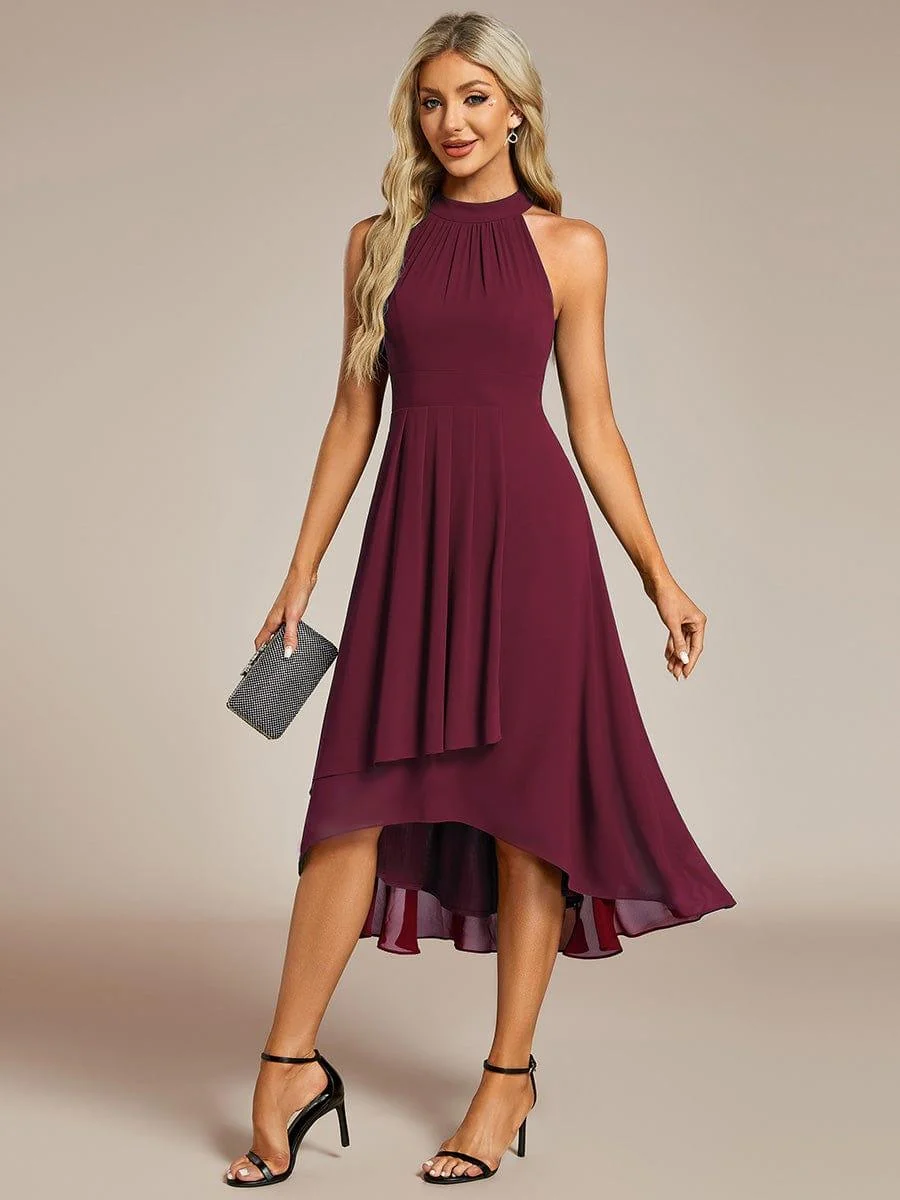 Damen Chiffon Midi-Kleid in A-Linie | Festliches Halterneck Kleid mit Plissee-Details | Sommerliches Kleid f��r Hochzeitsg?ste