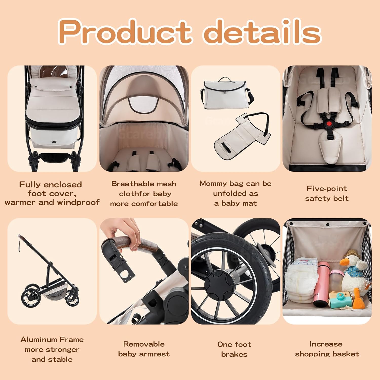 Gcarebb 3 in 1 Kinderwagen, Buggy Mit Auto Babyschale, Mit Höhenverstellbarer Kinderwagen Komplettset, KombiKinderwagen Mit Aluminiumrahmen für Neugeborene 0-4 Jahre