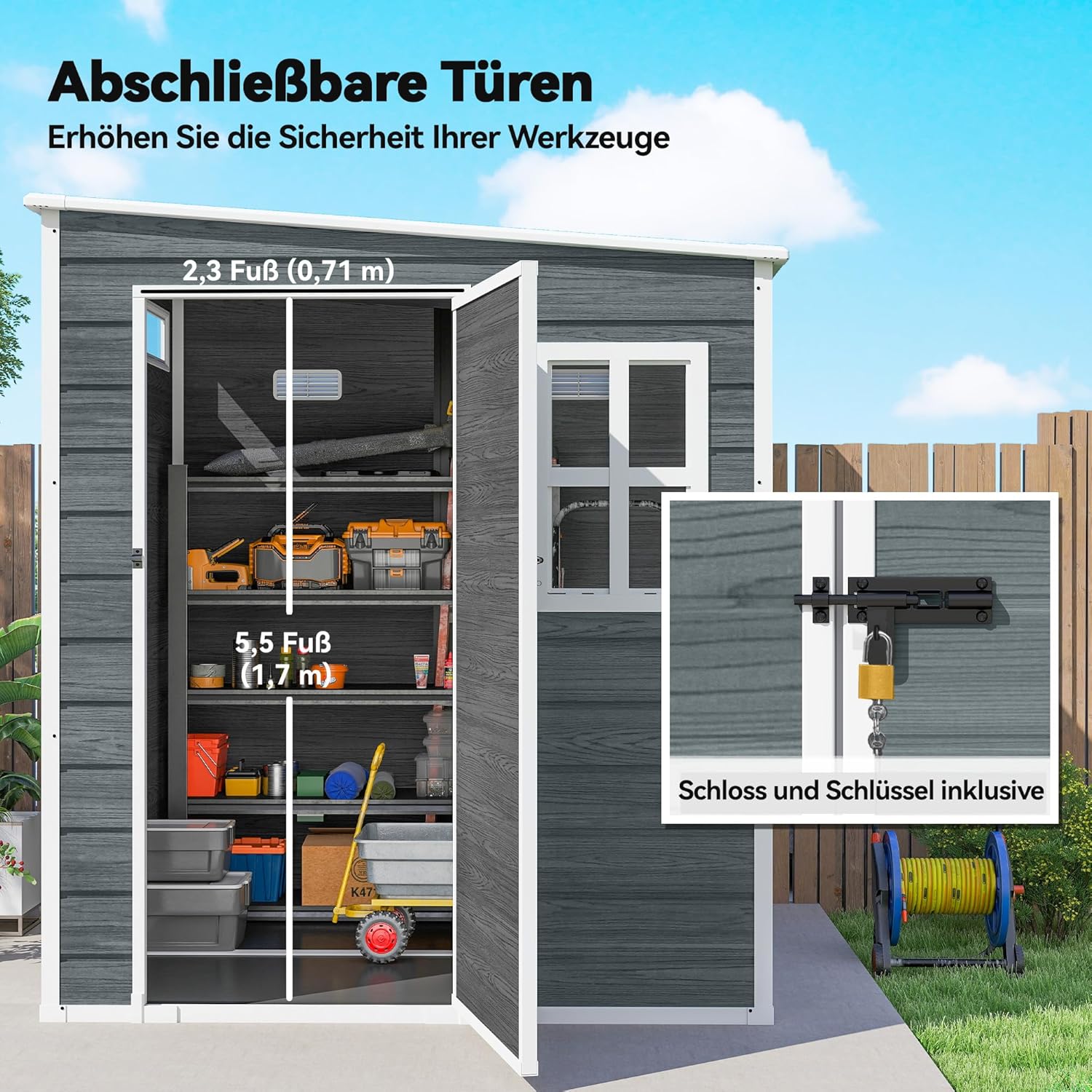 Outsunny Gerätehaus 2,89 m² Geräteschuppen mit Holzoptik 3 Fenster 182 x 182 x 196 cm Kunststoff Gartenschuppen mit Belüftung Boden Schloss Handschuhe, Gartenhaus für Werkzeuge Fahrrad Grau