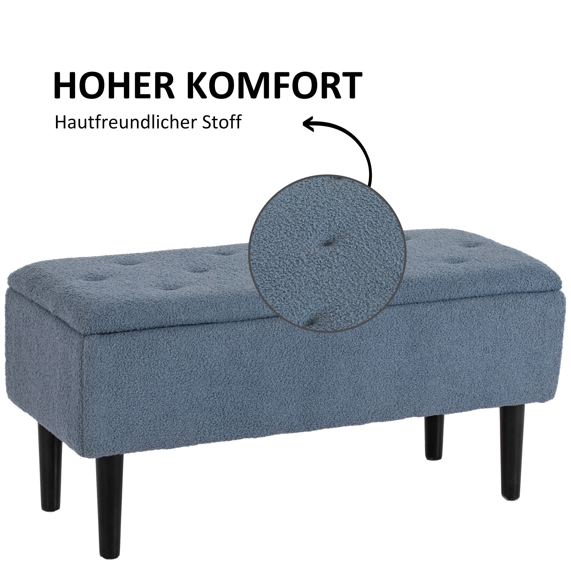 Gestoffeerde Bank met Opbergruimte, Zitkist, Kasjmier-Look, tot 120 kg, Natuurhout Frame, 95 x 38 x 45 cm, Blauw
