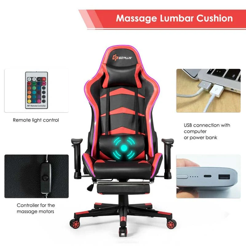 Led Massage Gaming Chair Height Adjustable Racing Computer Office Chair With Footrest Ergonomic High Back Pu Swivel Game Chair - Comfortable And Ergonomic Design