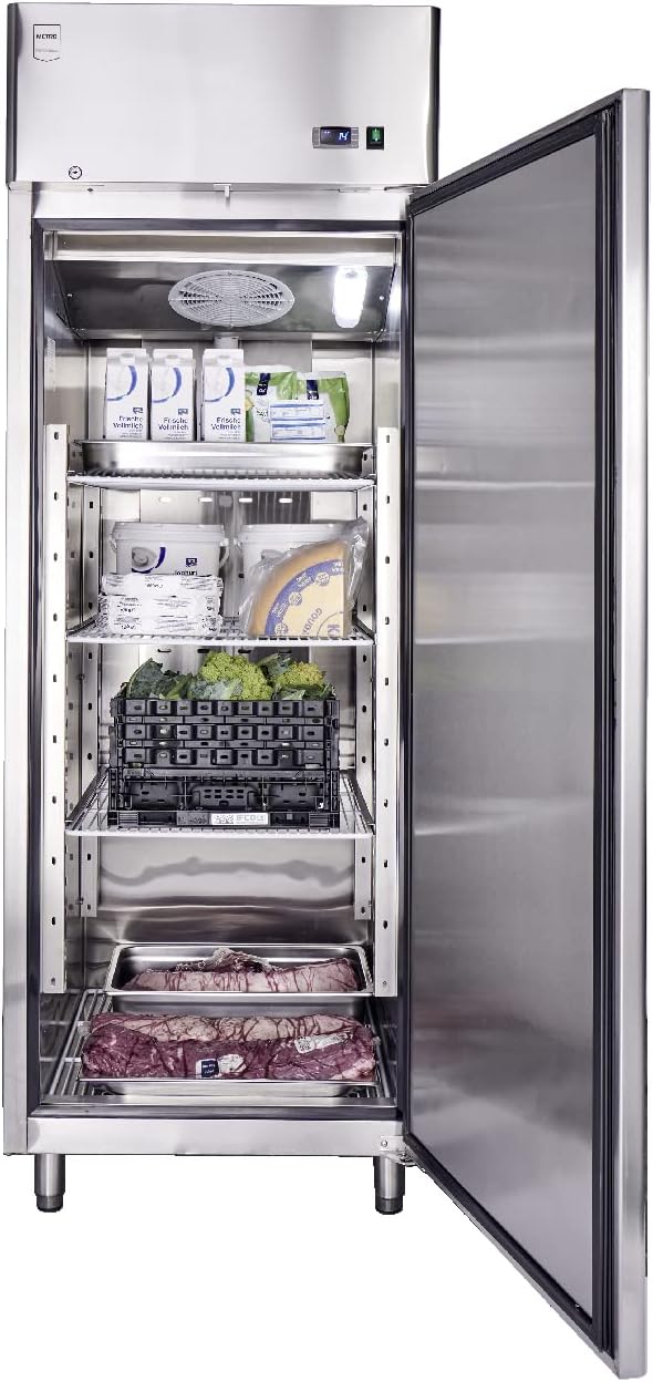 METRO Professional Kühlschrank GRE2700, Edelstahl, 73 x 80.5 x 206.5 cm, 455 L, Umluftkühlung, 220 W, mit Schloss, 4 verstellbare Einlegeböden, silber
