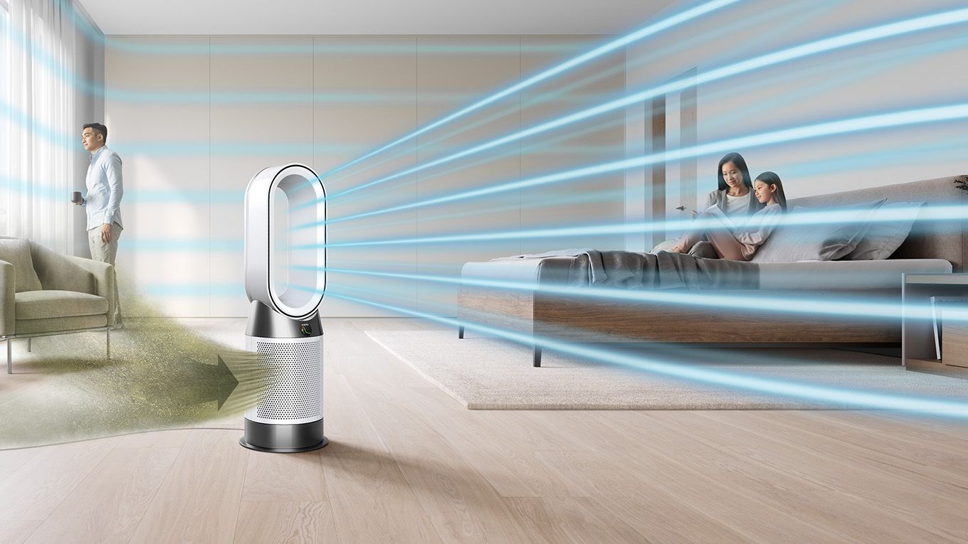 Le flux d'air sur un purificateur Dyson pos&eacute; au sol dans une pi&egrave;ce