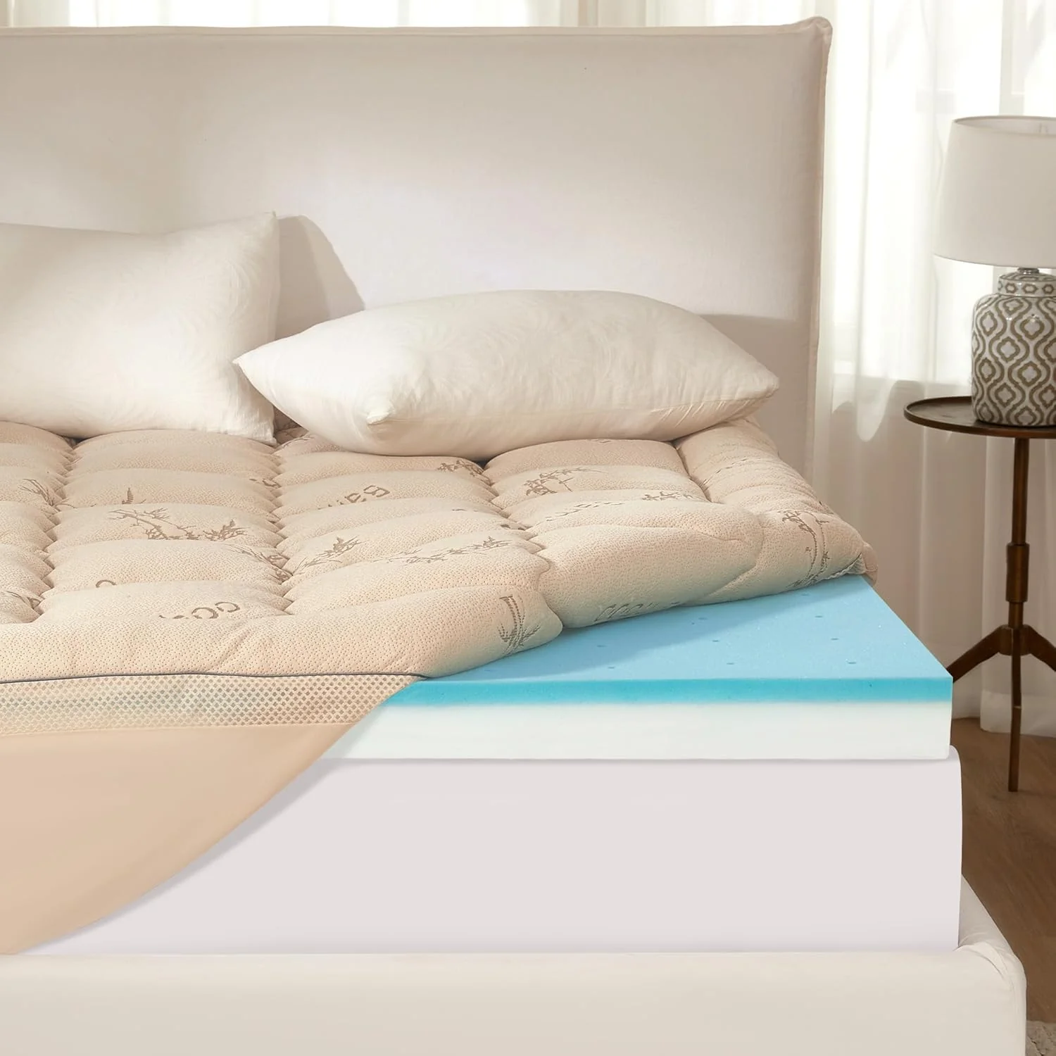 BEDLORE 4 Inch Memory Foam Mattress Topper King.2-in-1 Dual Layer Design (2 Gel Memory Foam + 2 Plush Pillow Top Cover) Mattress Topper Medium-Firm.Pressure Relief & Back Pain Support(Dark Gray)