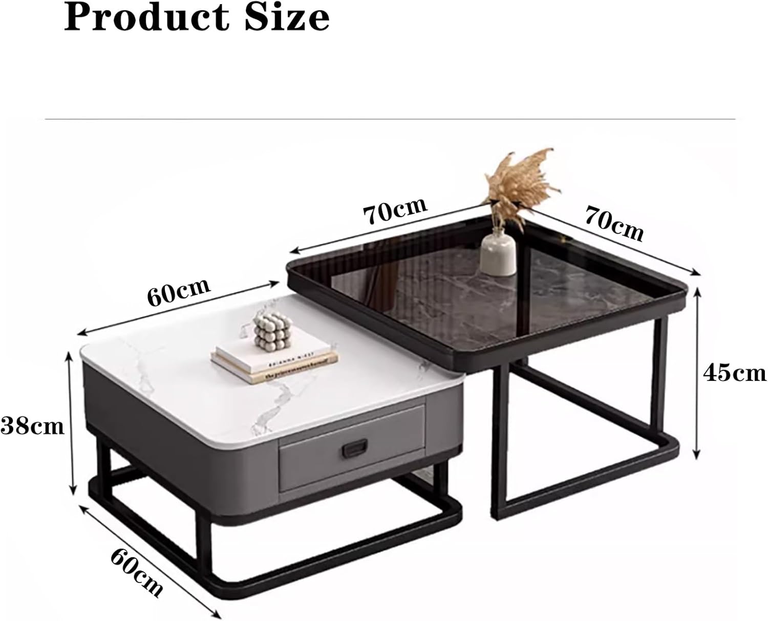 Quadratischer Couchtisch Gold Set aus 2 Glas Couchtisch mit Metallrahmen Kaffeetische für Wohnzimmer Aufbewahrung Couchtisch Moderne Design Home Easy Assembly für Wohnzimmer Büro Schlafzimmer