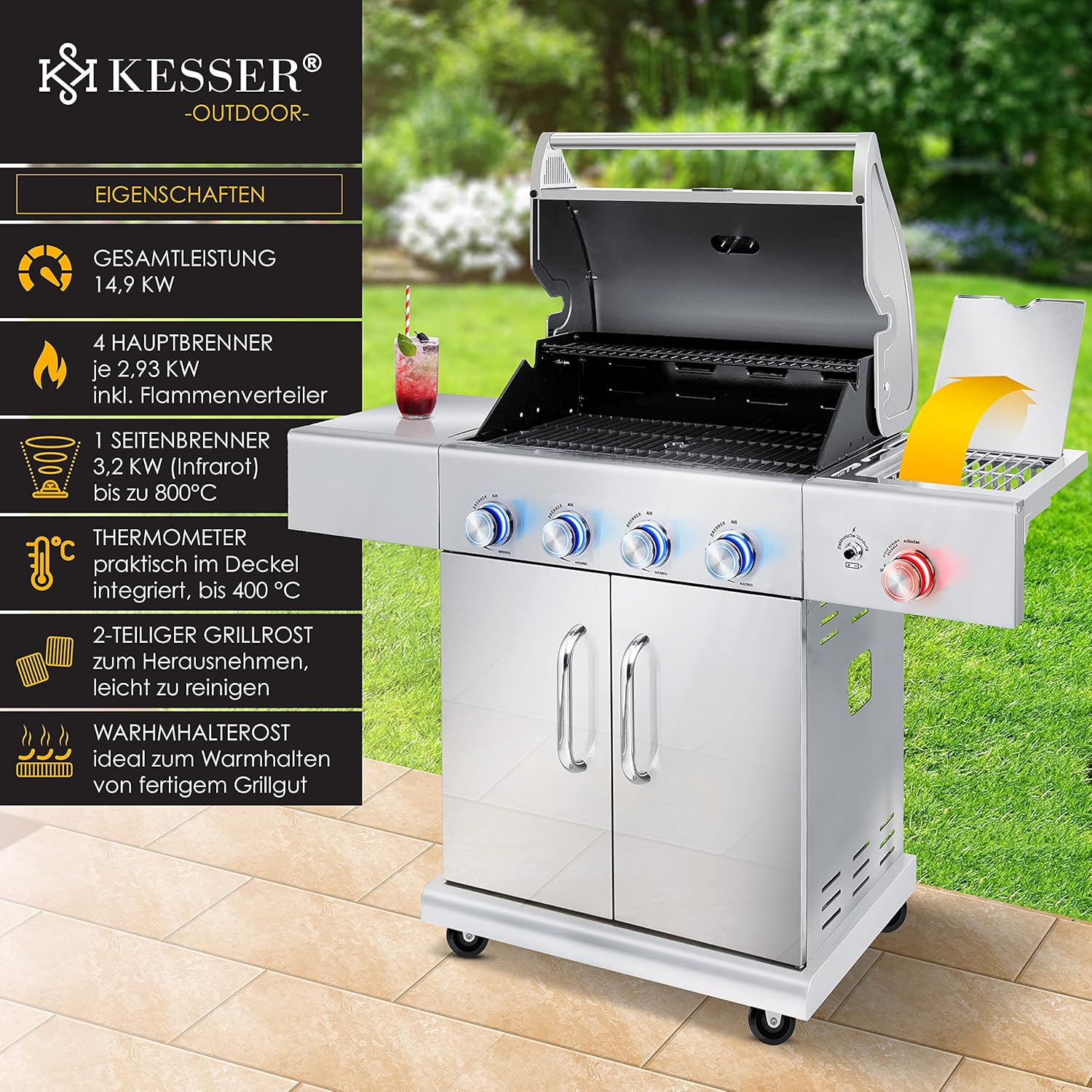 KESSER® Gasgrill mit 4 Brenner + 1x Infrarot Keramik Seitenbrenner & Piezo-Zündung | bis 800°C BBQ Grillwagen aus Edelstahl inkl. Grillrost (66cm) aus Gusseisen, Grillthermometer & Gas-Schlauch