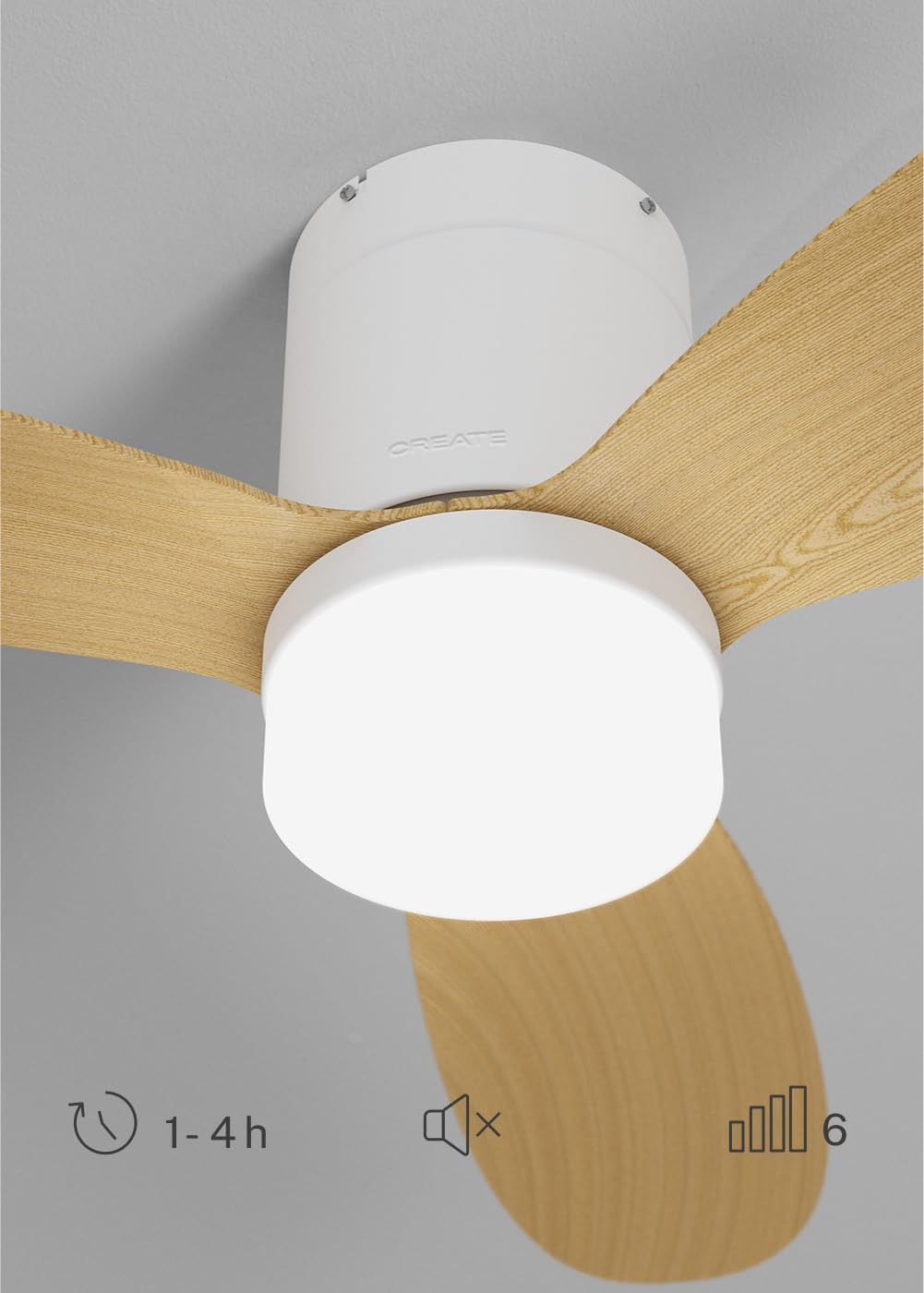 CREATE / WIND LITE/Ventilateur de plafond avec lumière en bois clair avec Wifi et télécommande / 40W, Silencieux, Ø132 cm, 6 vitesses, programmable, fonction été-hiver, lumière LED 3 températures