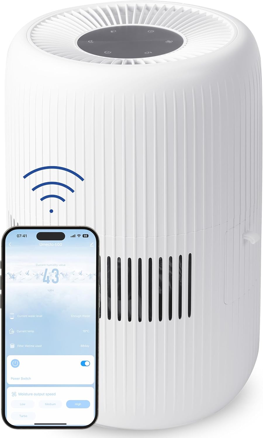 Comedes Umecto 600, für Räume bis 82m², Kaltverdunstung, Tank 4 l, Befeuchtungsleistung bis zu 600 ml/h, 7 Farben Luftfeuchtigkeitsindikator, Automatikmodus, Smart-Home fähig