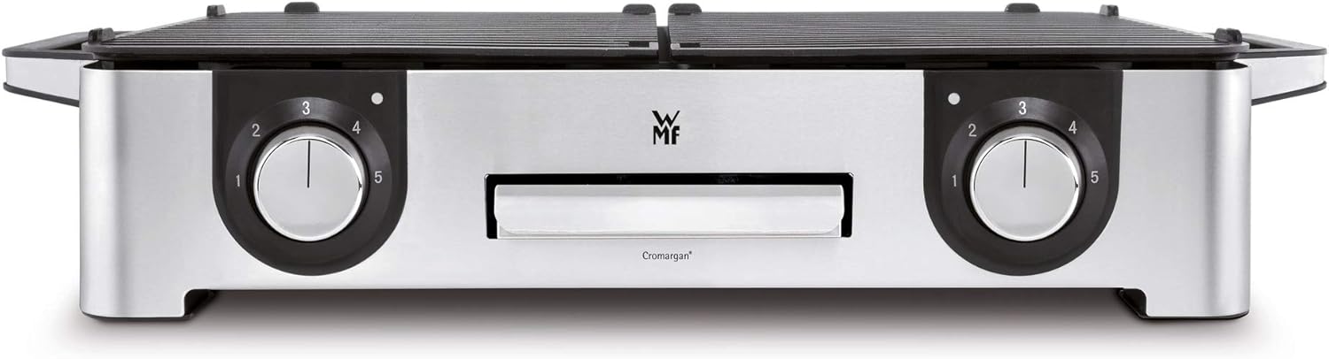 WMF Lono Master-Grill, Elektrogrill, 50x28 cm, Elektrogrill Tischgrill mit Windschutz und Auffangschale, Outdoorzertifiziert für Barbecue, 2 getrennt regulierbare Grillflächen, 2400 W, edelstahl matt