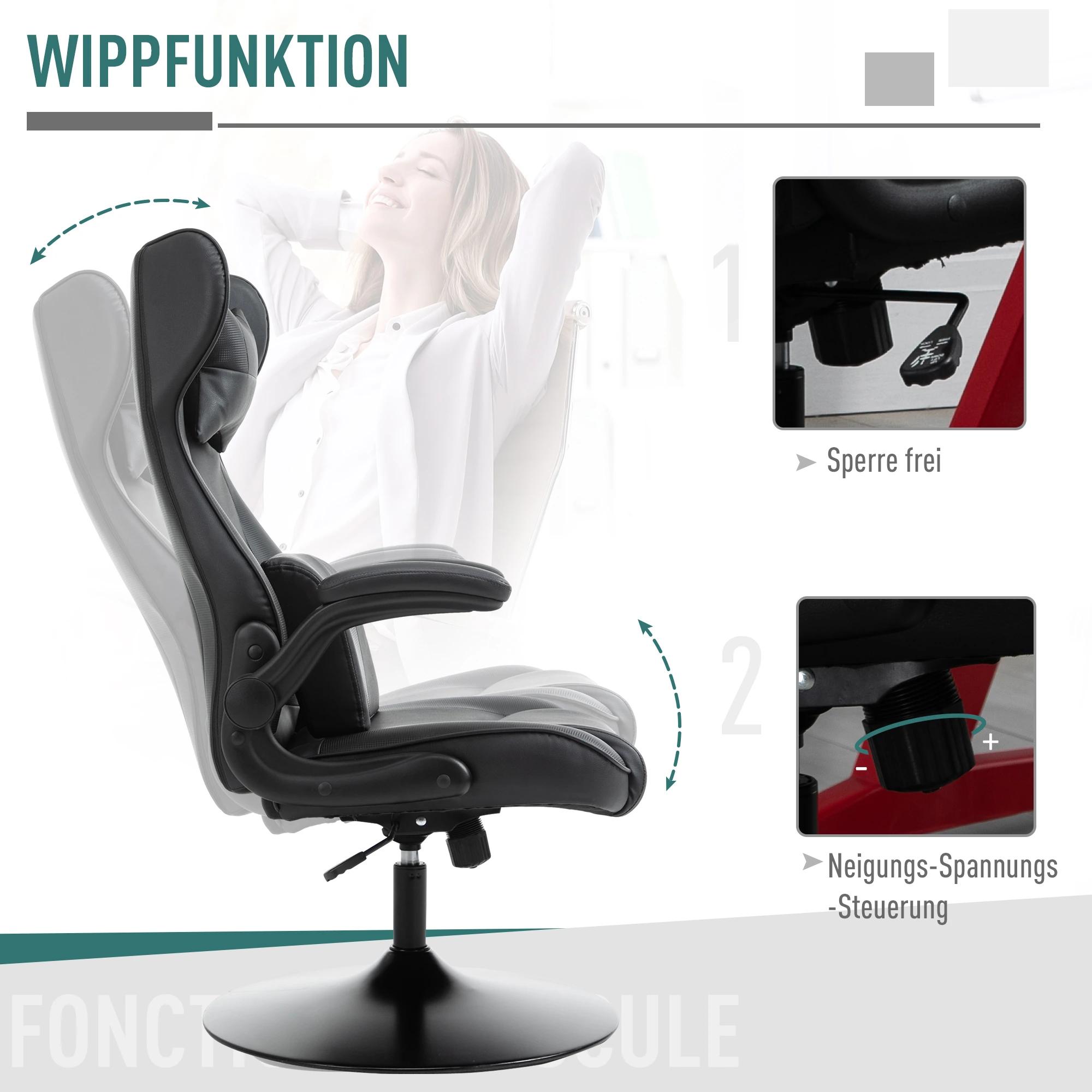 Vinsetto gamestoel ergonomische computerstoel bureaustoel bureaustoel met schommelfunctie en lendenkussen bureaustoel in hoogte verstelbaar, gepolsterde metalen zitting, zwart 67x75x112 cm
