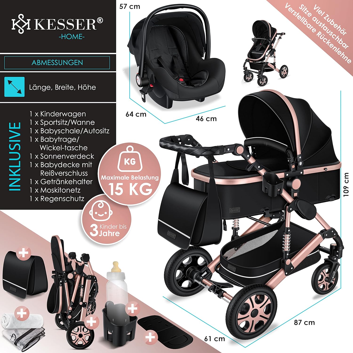 KESSER® Loops 3 in 1 Kinderwagen Kombikinderwagen Komplett-Set inkl. Babywanne & Buggy Sportsitz & Auto-Babyschale Voll-Gummireifen Wickeltasche Regenschutz Kindertisch ECE R129, Schwarz/Champagne