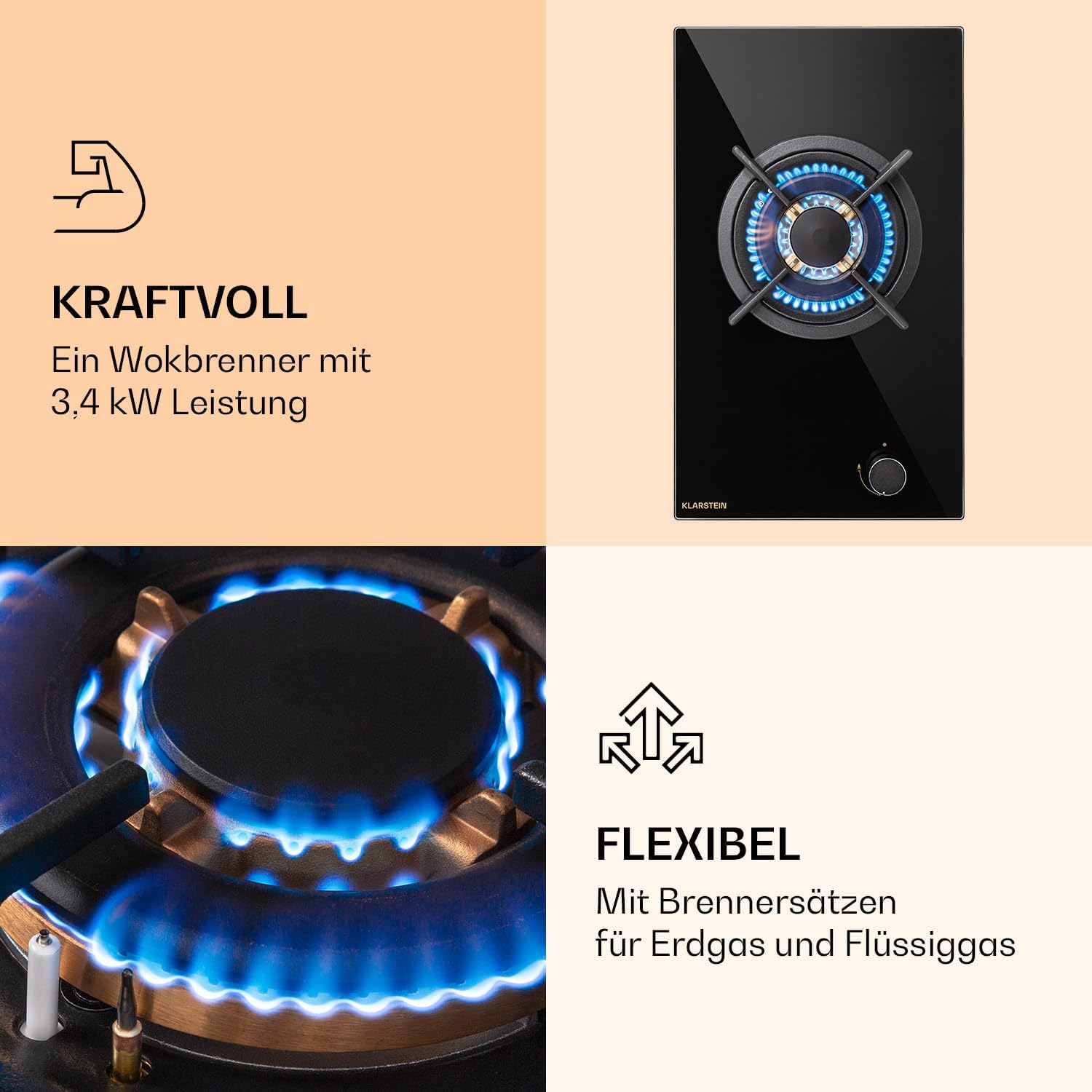 Klarstein Gasherd, Gaskochfeld 4 Flammig, Einbau-Gaskocher für Zuhause & Wohnmobil, Campingkocher mit Glasplatte, Gasherd für Propan- und Erdgas, Edelstahl Gas-Herdplatte Wok Brenner 8000 Watt