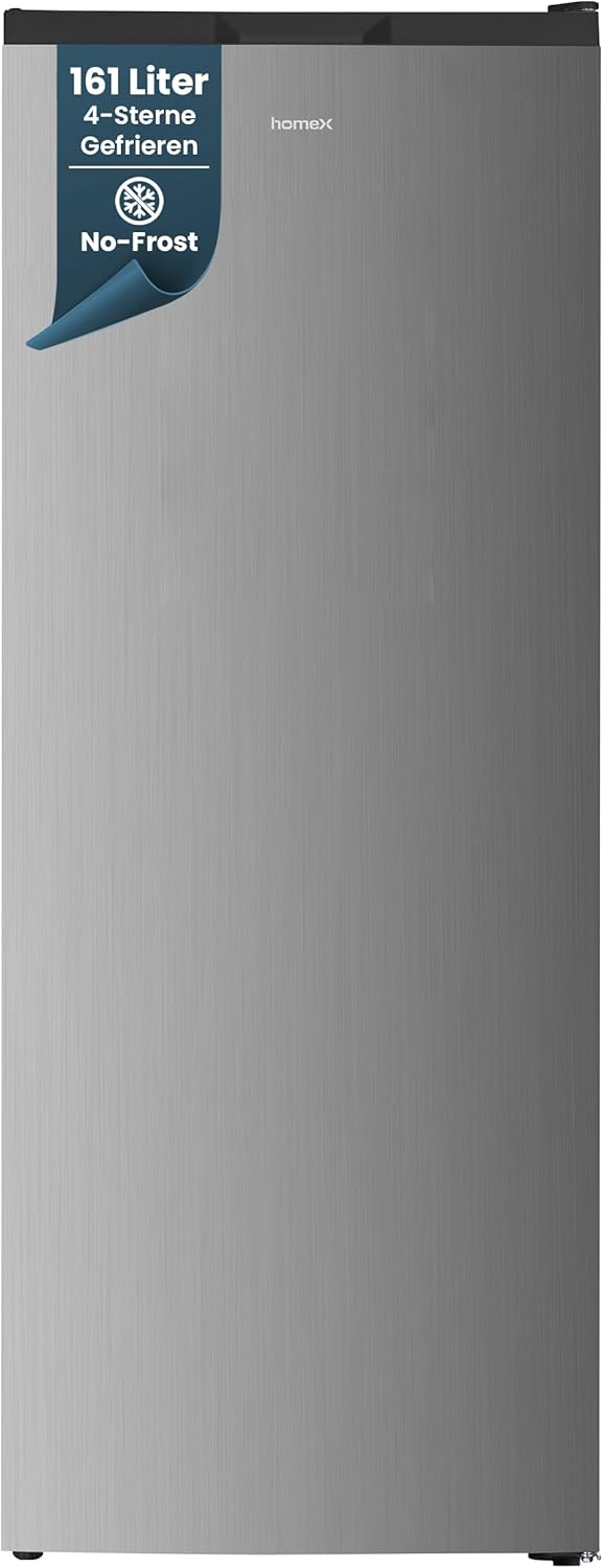 homeX Gefrierschrank NoFrost, Tiefkühlschrank groß - 161L Nutzinhalt, 4-Sterne Gefrieren, Freezer No Frost, Gefrierschränke freistehend, Super-Frost-Funktion, leise 39 dB, silber, FSN1611E-S
