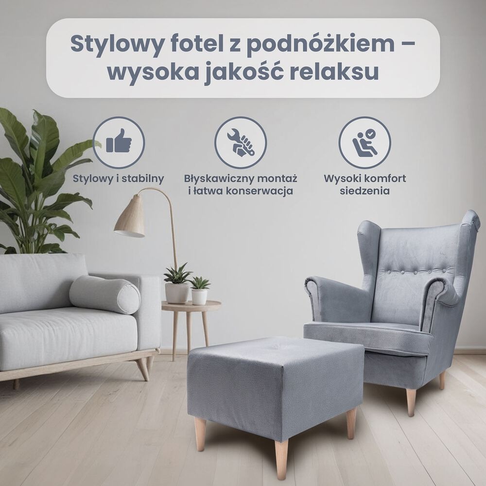 Fotel uszak z podnóżkiem Jane, jasnoszary