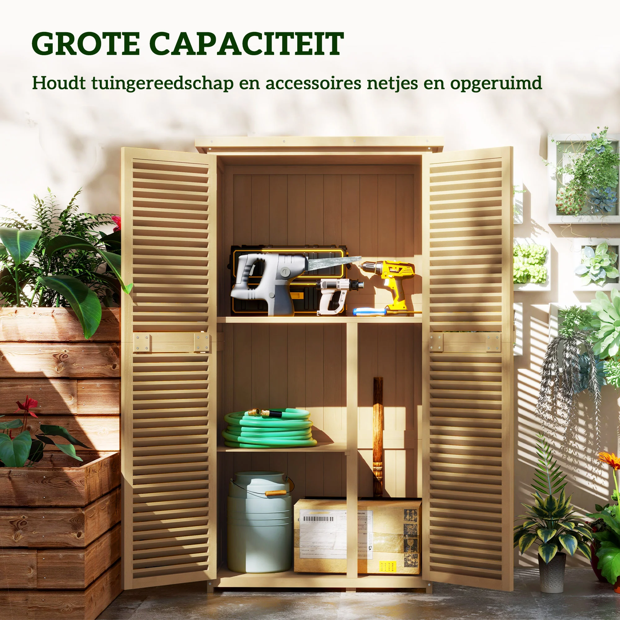 Outsunny Weerbestendige Tuinkast, 2 Deuren met Slot, Grenenhout, 87L x 46,5B x 160H cm, Lichtgeel