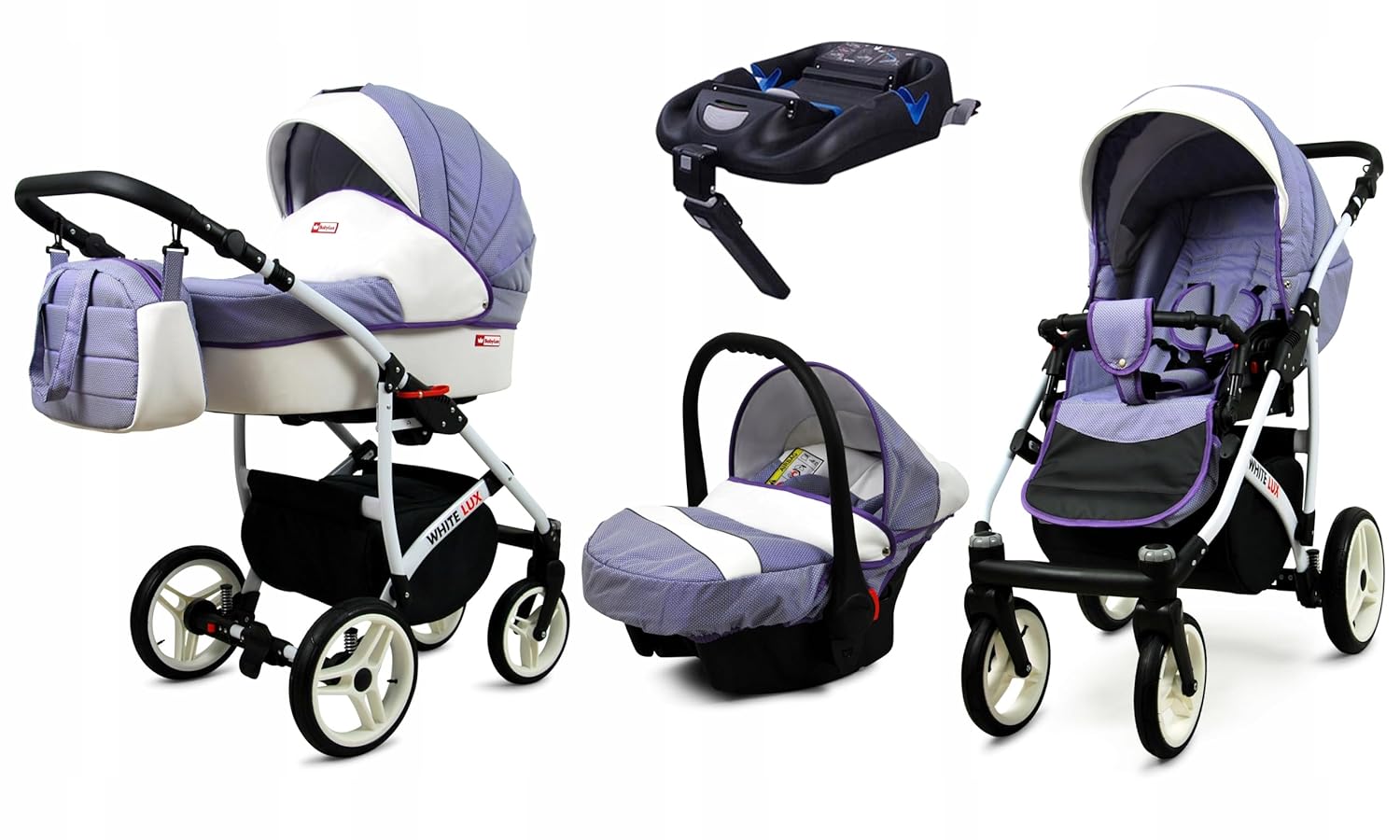 BabyLux® Bambimo Kinderwagen Set 3 in 1 - White Lux - incl. Babywanne, Buggy Sportsitz, Auto-Babyschale - Autositz - Kinderwagenset - Kombikinderwagen mit Wickeltasche, Regenschutz usw.