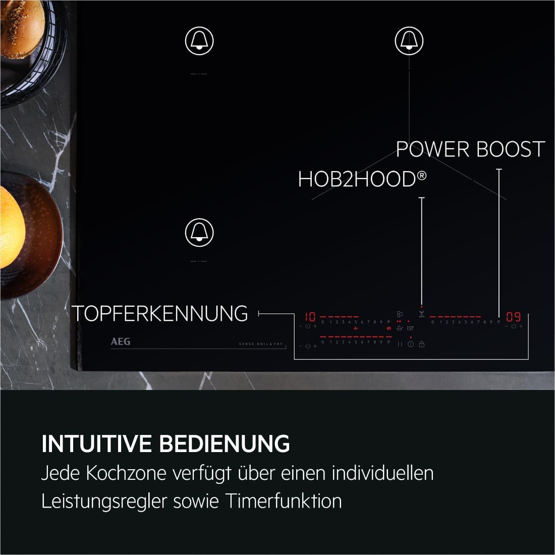 AEG Induktionskochfeld autark 80cm mit Dunstabzug / Made in Germany / 4 Flex-Kochzonen mit Bridge (Kombination 2er Zonen) / Auto-Funktion des Dunstabzugs / Aktivkohlefilter / COLI84COXB
