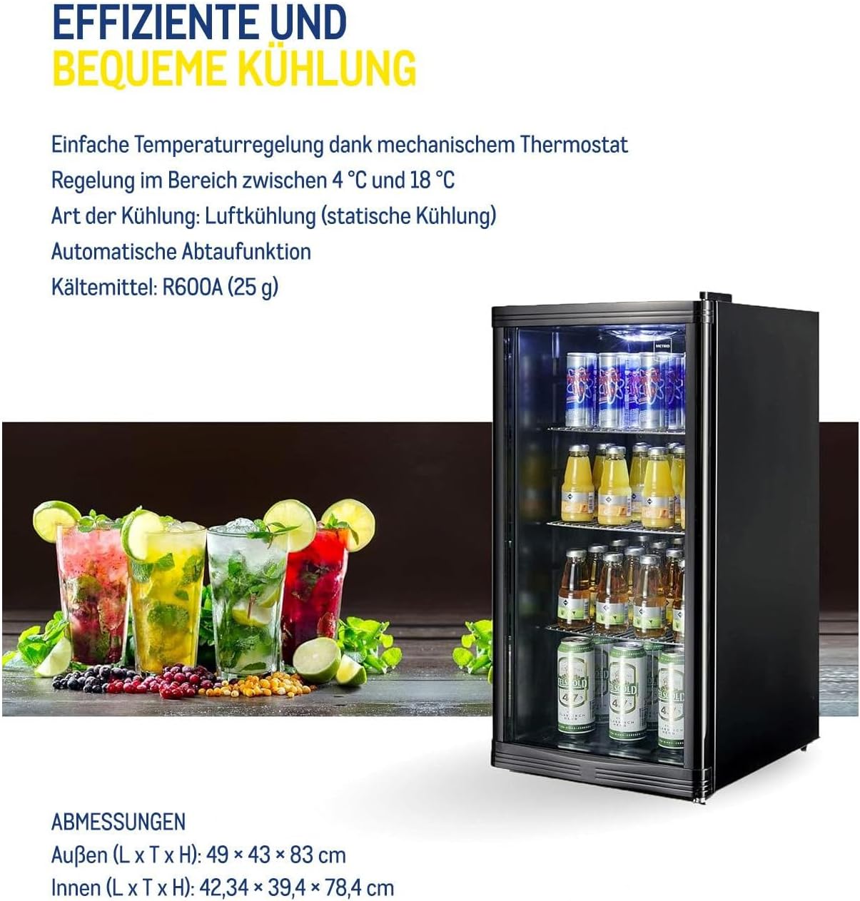 METRO Professional Mini-Kühlschrank GPC1088, 88 L, 1.052 kWh/24h, 3 Edelstahl-Drahtböden, schwarz