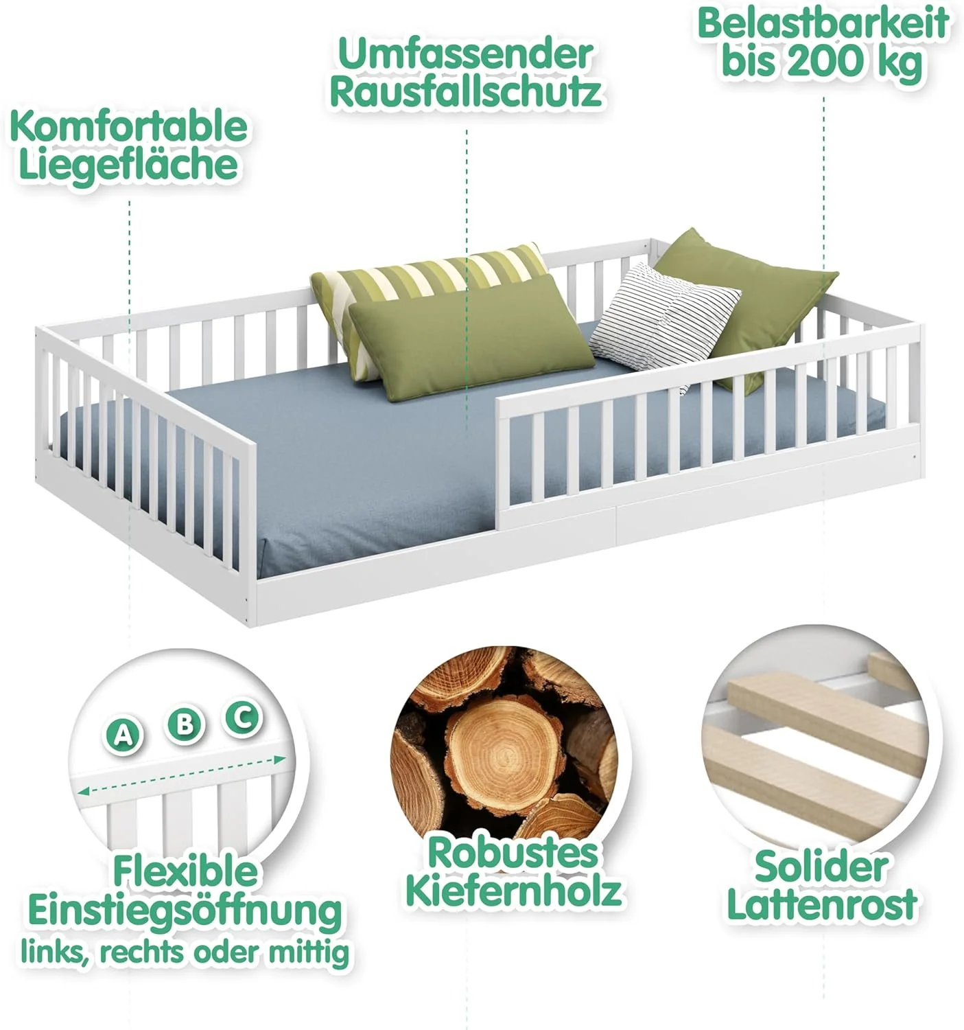 CADANI Timi 2-in-1 Vloerbed 140x200 cm Montessori Kinderbed met uitneembare valbeveiliging incl. lattenbodem, massief grenenhout, wit - 3 opbouwmogelijkheden, belastbaar tot 200 kg, ombouwbaar