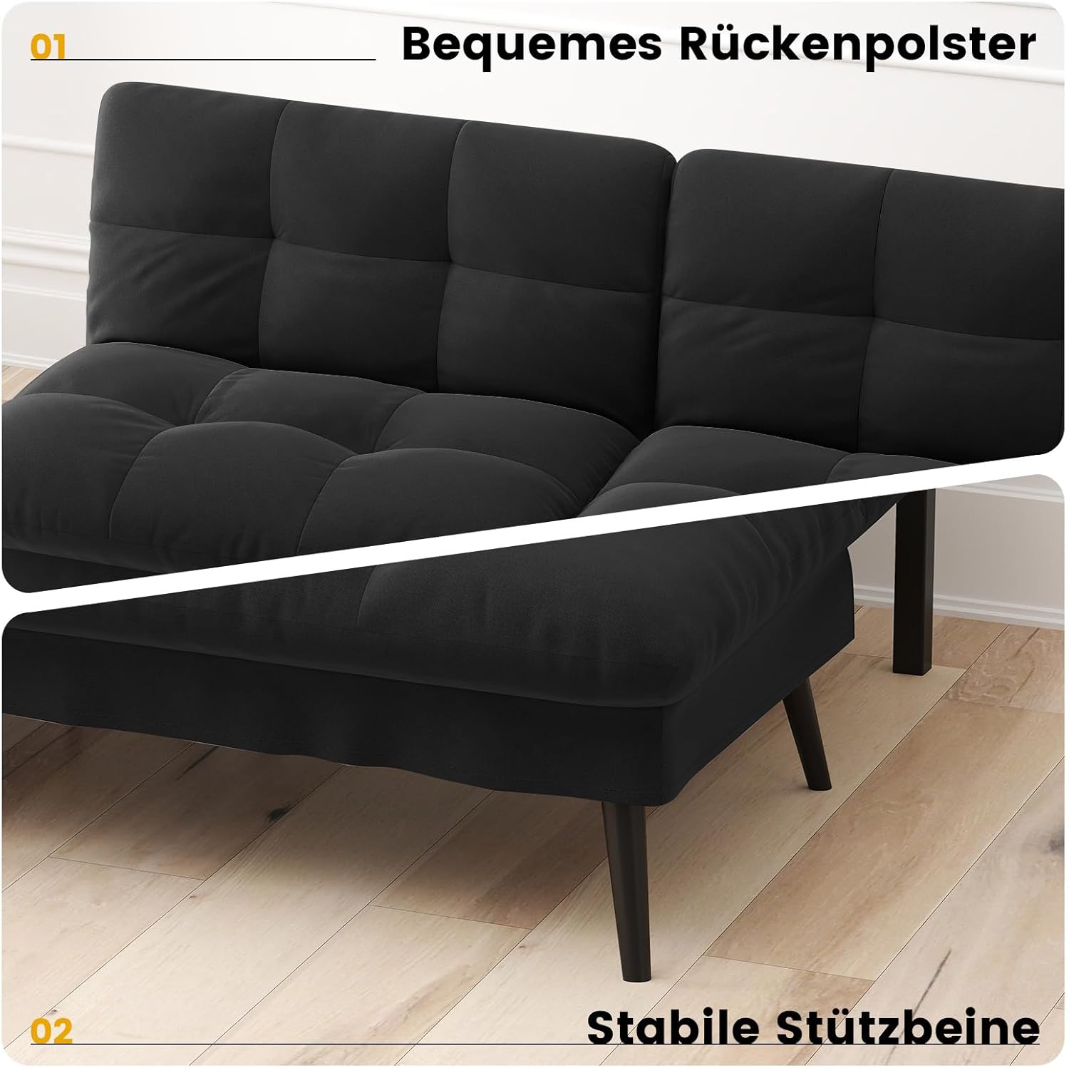 LUCKRACER Sofa 3 Sitzer Sofa Schlafsofa mit Schlaffunktion, überzug Futon Klappsofa, Bettcouch, ecksofa, Couch, 5 Verstellbare Winkel, Ideal für Wohnungen Wohnzimmer aus Stoff Schwarz