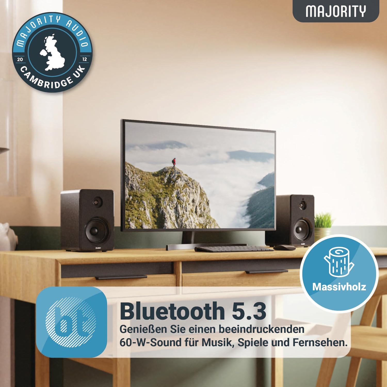 MAJORITY D40 Bluetooth Lautsprecher Boxen | 60W 2.0 Aktivlautsprecher | Studio Monitor mit 4-Treiber | Regallautsprecher für HiFi Stereo mit Optischer, RCA-, USB- und AUX-Eingang | Fernbedienung