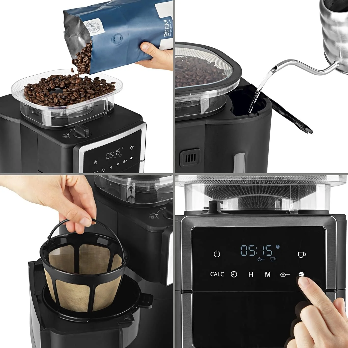 BEEM FRESH-AROMA-PERFECT III Filterkoffiezetapparaat met maalwerk - Duo | Met thermos- & glazen kan | Aroma-Plus-functie | 24-uurs timer | 1000 W | voor maximaal 10 kopjes [roestvrij staal]