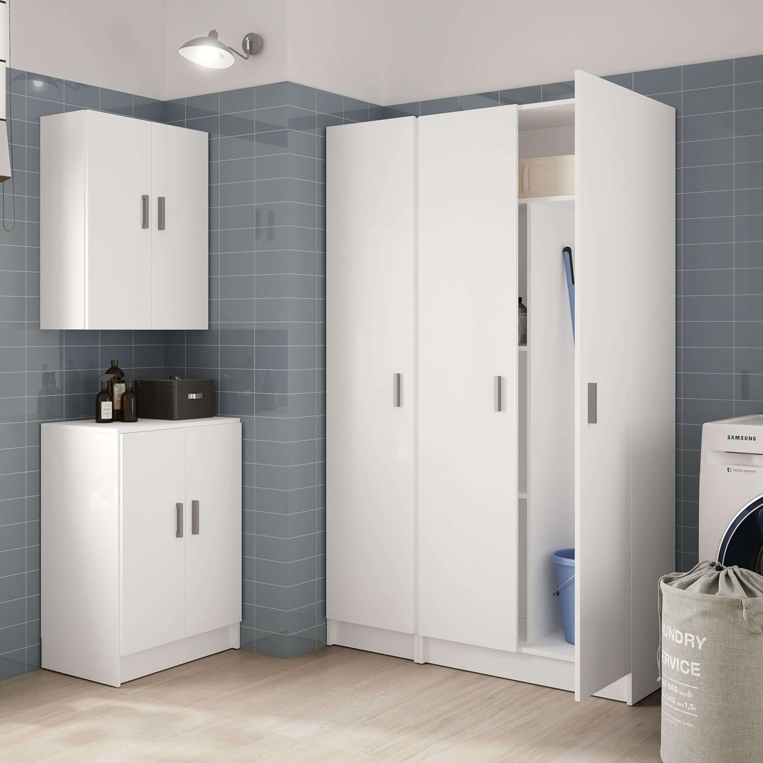 Habitdesign Multi-Purpose Wardrobe, Broom 2 Doors 3 Shelves, 180 x 73 x 37 cm (H x W x D – cm), Matt White