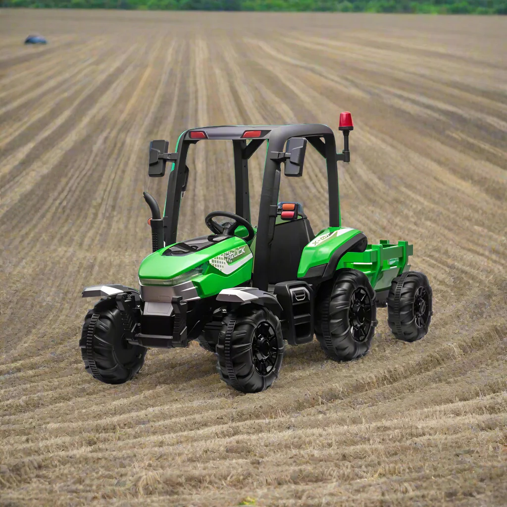 24v Kids Harvest Ride On Tractor In Green with trailer and parental controller