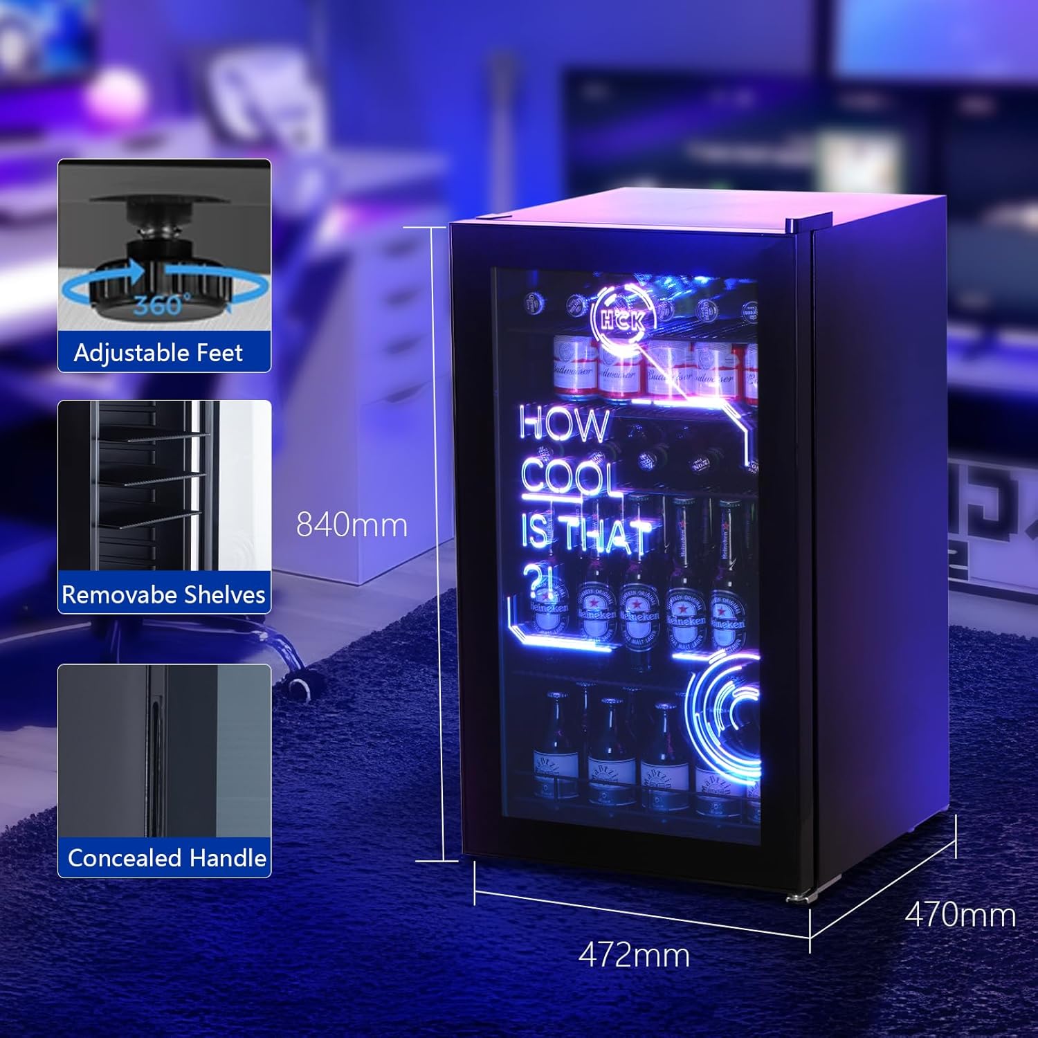 HCK Réfrigérateur Pour Boissons, Mini Frigo Avec éclairage Moderne Cyberpunk, 98L Petit Frigo Silencieux de 0-10°C, Mini Bar Intérieur, Pour Salle de Jeux, Fête, Noir.