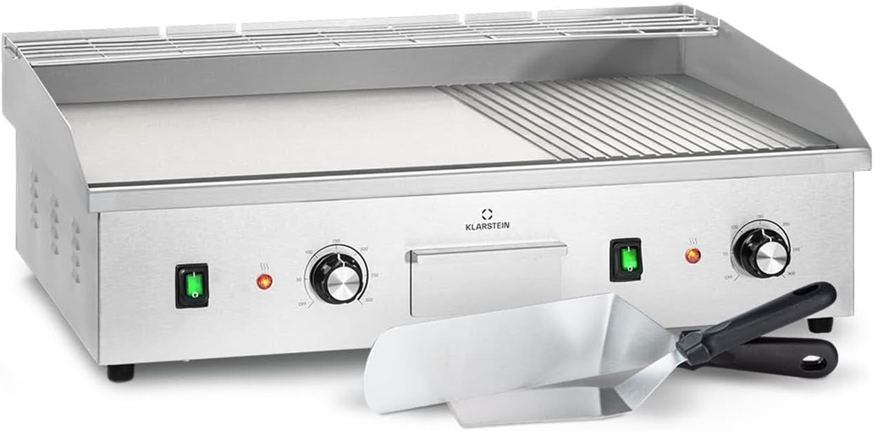 Klarstein Elektrogrill, Tischgrill mit LED-Anzeige, Elektrogrill für Balkon & Indoor, Edelstahl Grillplatte mit abnehmbarer Antihaftplatte & Spritzschutz,Grill Elektrisch 200 W