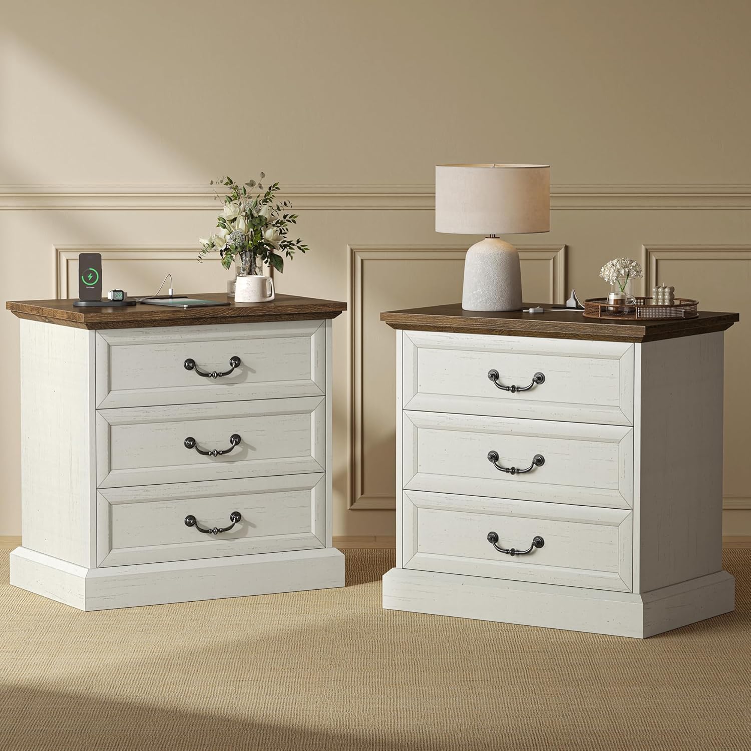 Huuger Nightstand with Charging Station, 3 Drawer Night Stand Set of 2, 22 Inch Wider Side Table with Storage, Farmhouse Nightstand with Vintage Handles, Thicken Base, for Bedroom, Distressed White