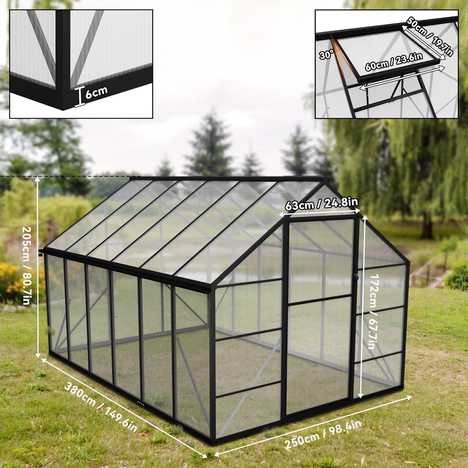 LZQ Gartengewächshaus Aluminium mit Fundament 380x250x205 cm Gewächshaus Pflanzenhaus mit Schiebetür und Dachfenster Treibhaus Gartenhaus Winterfest Aufzucht Tomatenhaus (8x12 ft)