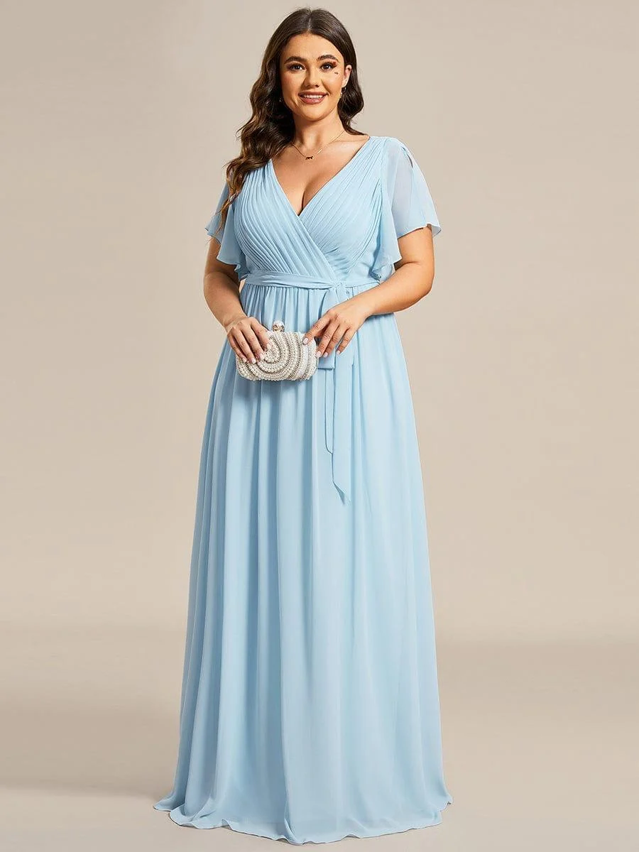 Abendkleid Damen Maxi A-Linie aus Chiffon | Festliches Kleid f��r Hochzeitsg?ste mit V-Ausschnitt und Fl��gel?rmeln