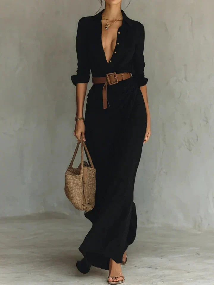 Luftiges Maxi-Kleid f��r Damen mit klassischem Kragen und Tailleng��rtel | Leichtes Sommerkleid mit Knopfleiste und Faltenwurf