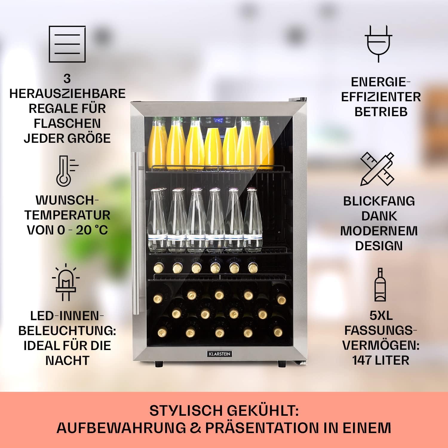 Klarstein Mini Kühlschrank mit Glastür, Mini-Kühlschrank für Zimmer, Getränkekühlschrank Klein mit Verstellbaren Ablagen, Kleiner Kühlschrank 147 Liter, Indoor/Outdoor Kühlschrank Leise