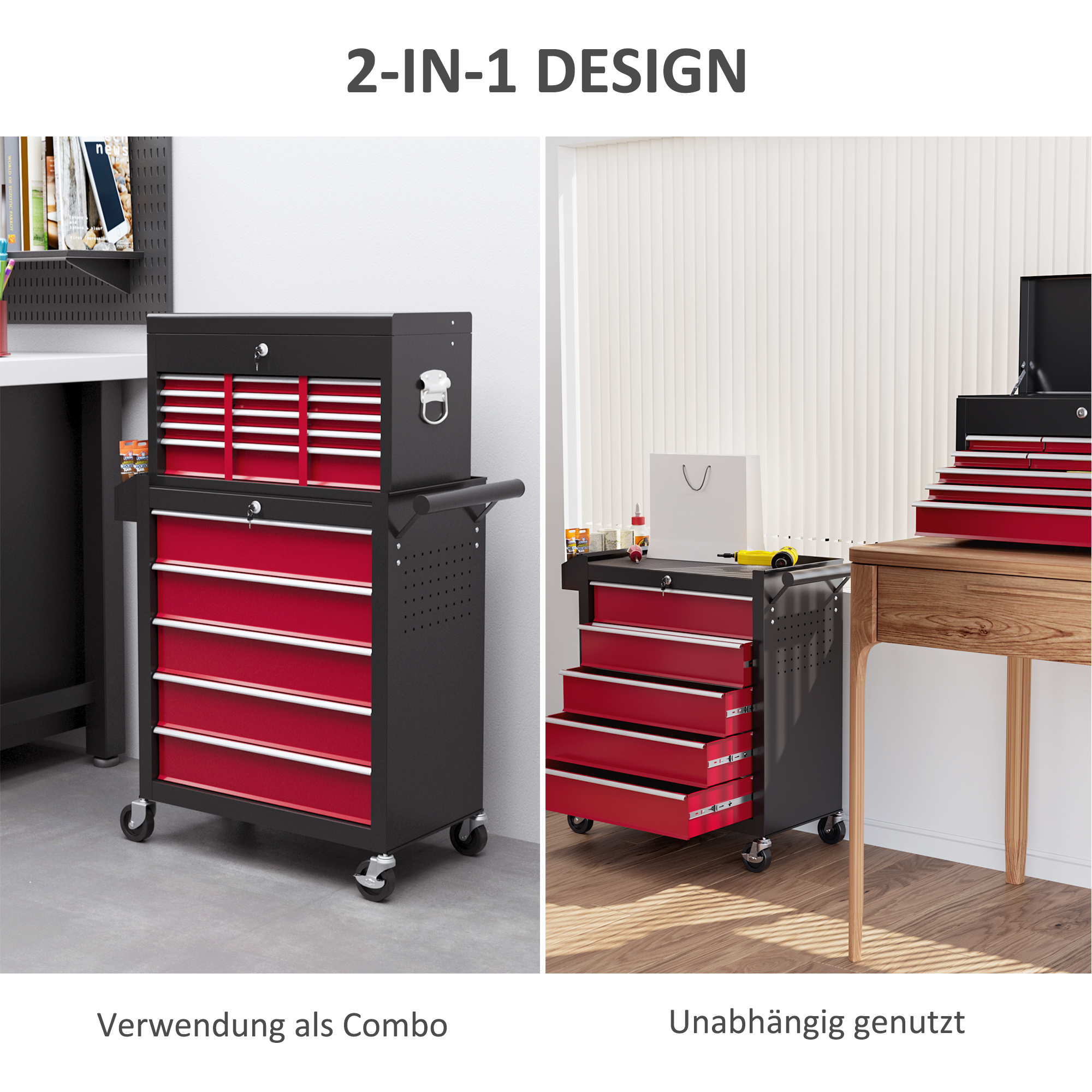 Gereedschapswagen, Tweedelig, Afsluitbaar, 14 Laden, Zijwand met Gaten, Staal, Rood