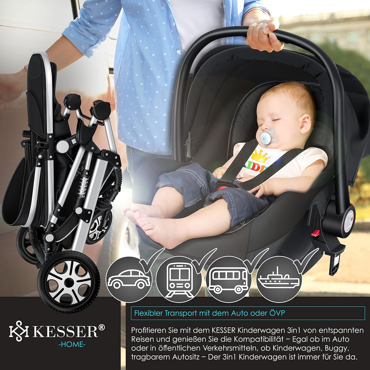 KESSER® Loops 3 in 1 Kinderwagen Kombikinderwagen Komplett-Set inkl. Babywanne & Buggy Sportsitz & Auto-Babyschale Voll-Gummireifen Wickeltasche Regenschutz Kindertisch ECE R129, Schwarz/Champagne