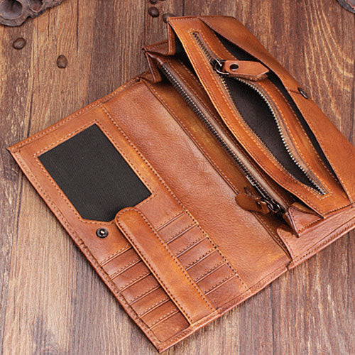 Personalized Wallet Handmade Leather Cool Long Leather Wallet Bifold Clutch Wallet