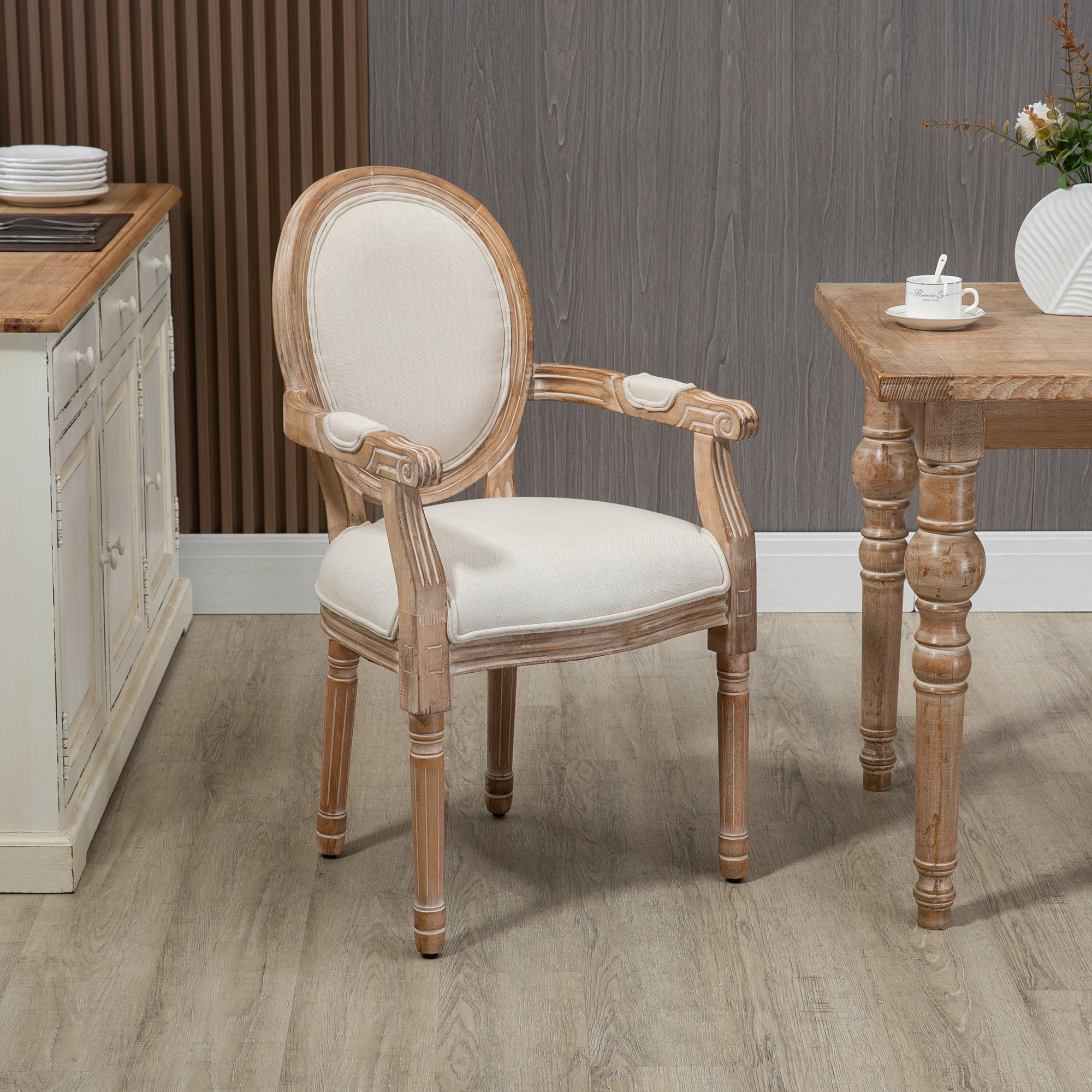 Keukenstoel in Antiek Design, Ademende Bekleding, Linnen Look, Massief Houten Frame, 56 x 54 x 96cm, Cr��mewit